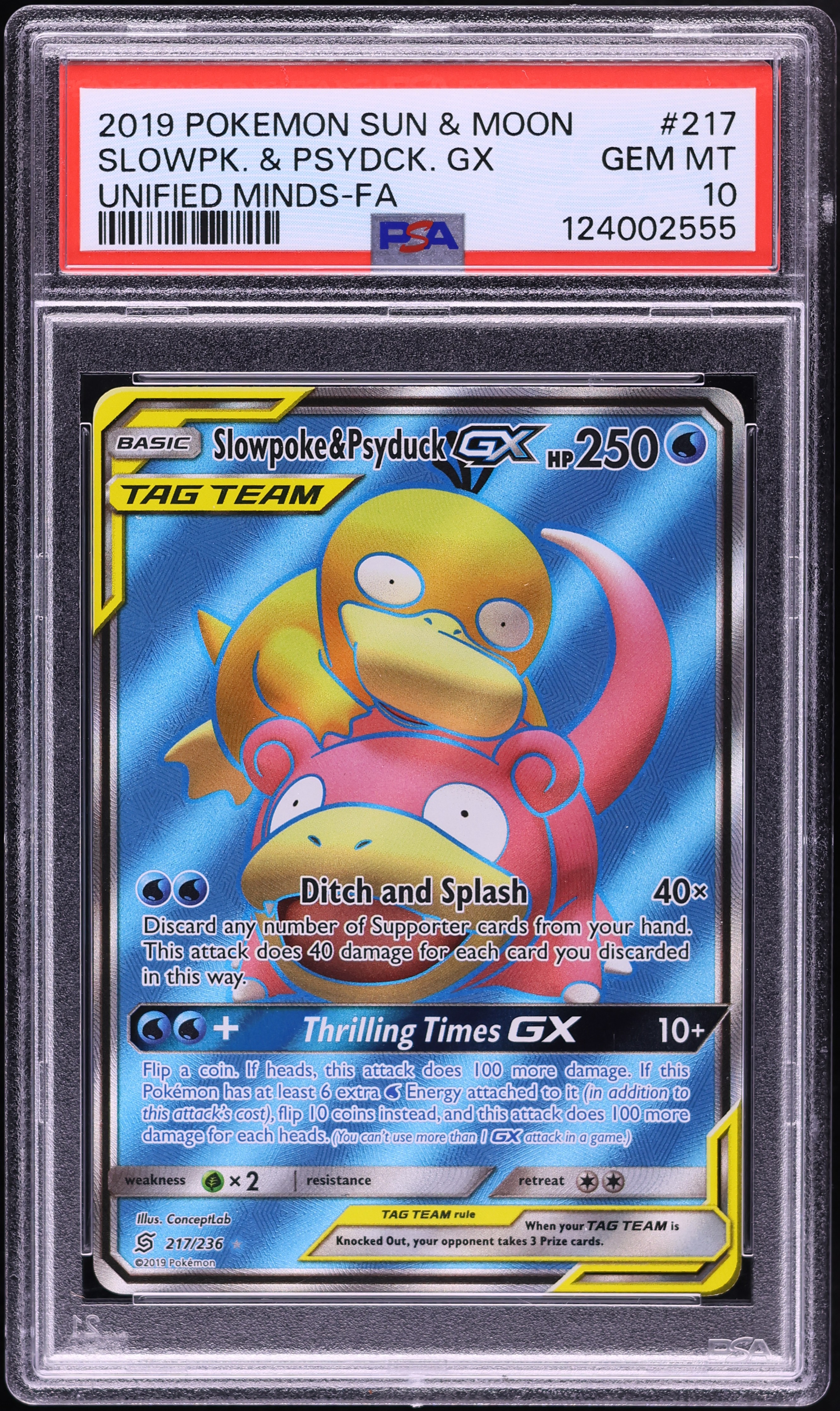 2019 Pokemon Sun & Moon Unified Minds Full Art Slowpoke & Psyduck GX #217 PSA 10 GEM MINT