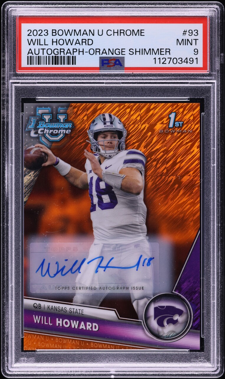 2023 Bowman Chrome University Orange Shimmer Will Howard RC AUTO /25 #93 PSA 9