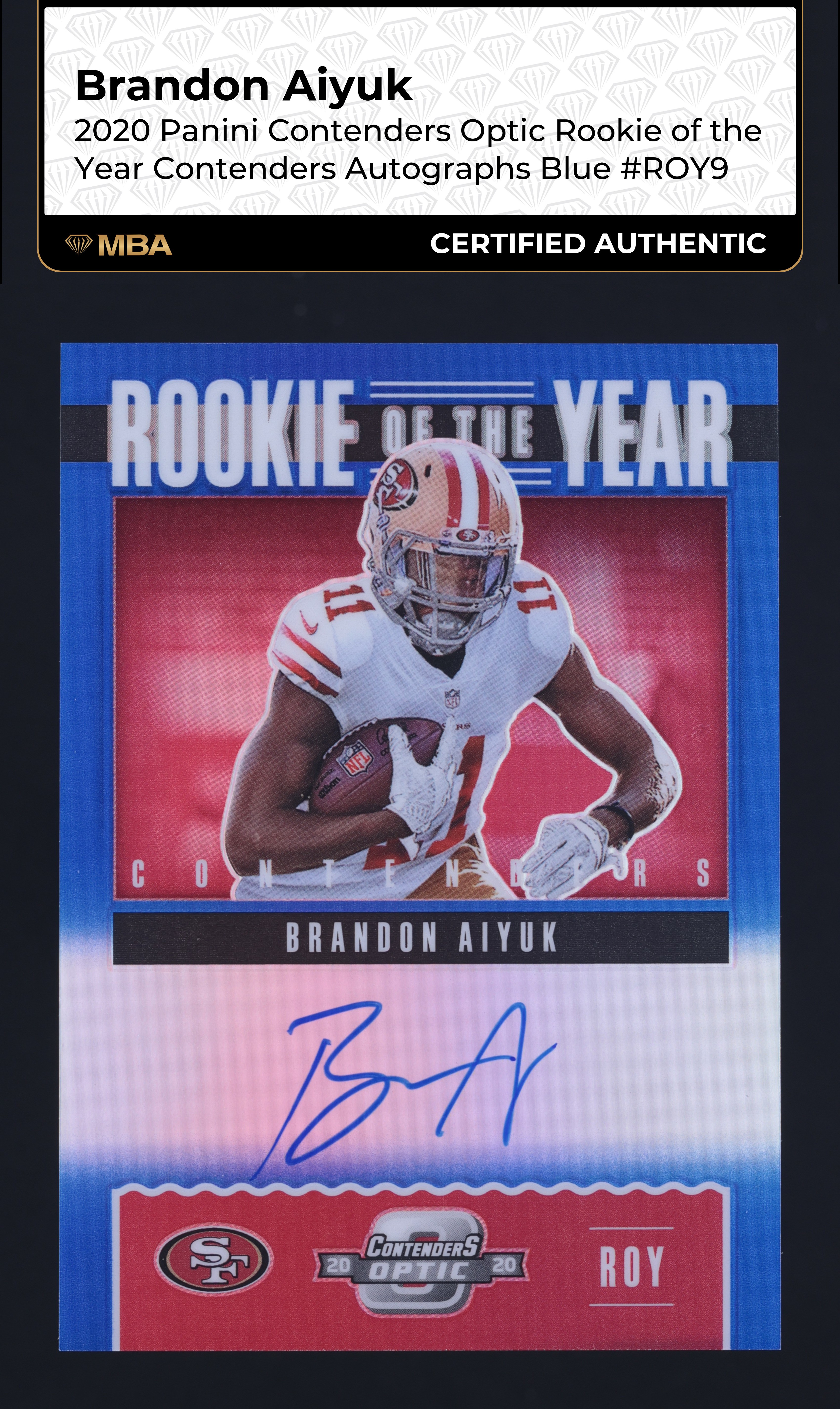 2020 Panini Contenders Optic ROY Blue Brandon Aiyuk ROOKIE AUTO /75 MBA AUTH