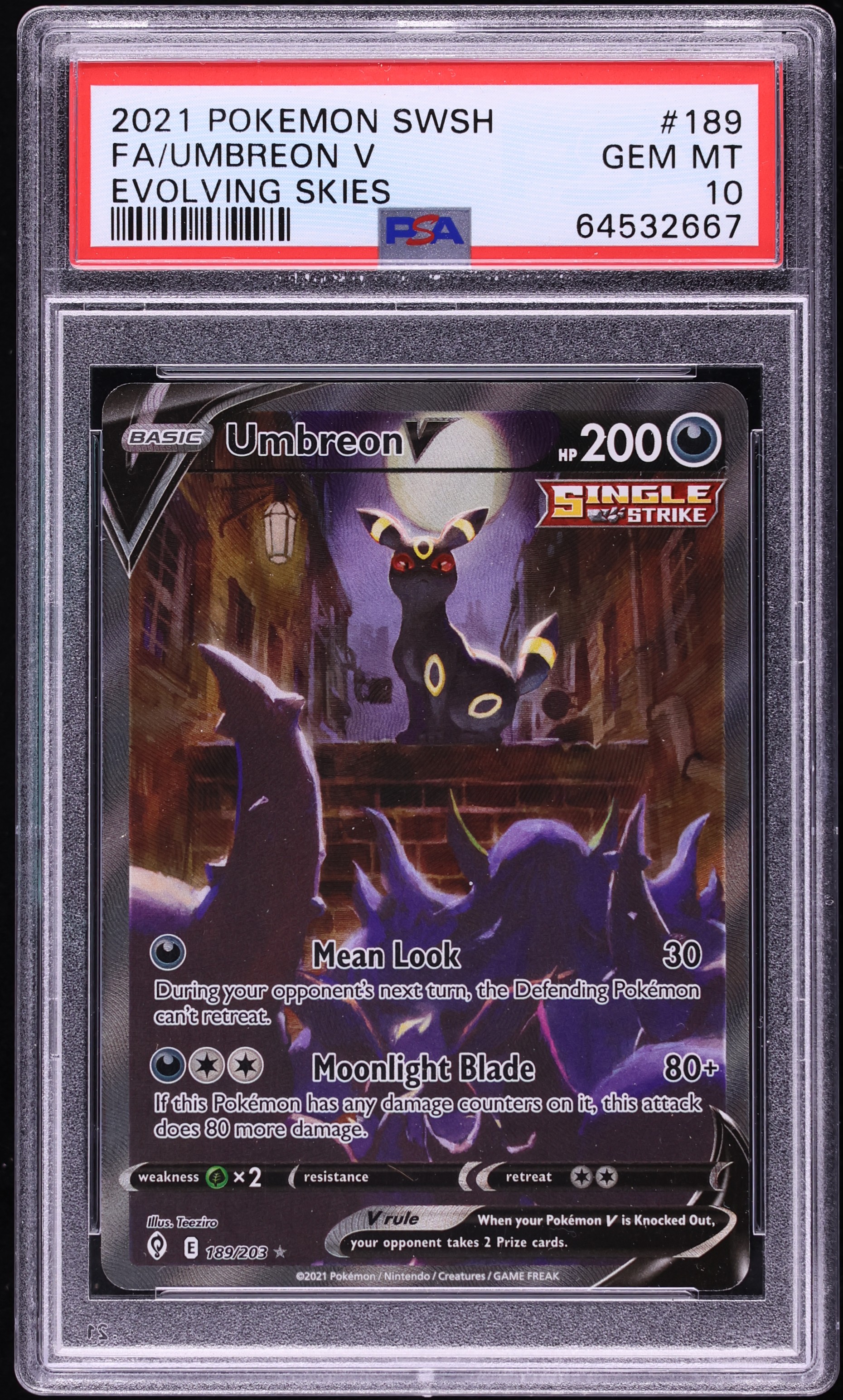 2021 Pokemon Sword & Shield Evolving Skies Full Art Umbreon V #189 PSA 10 GEM MINT