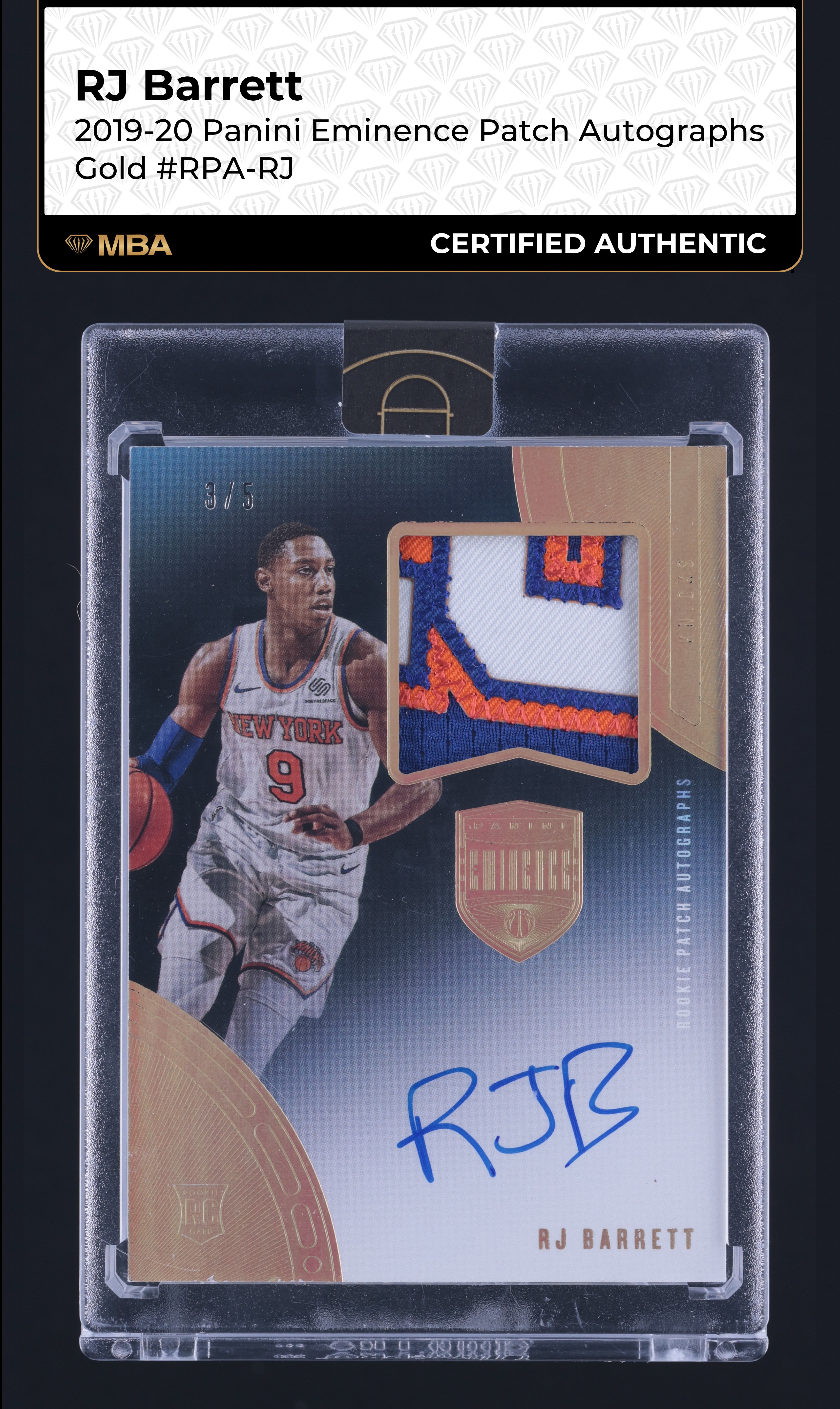 2019 Panini Eminence Gold RJ Barrett ROOKIE PATCH AUTO /5 #RPA-RJ MBA AUTH