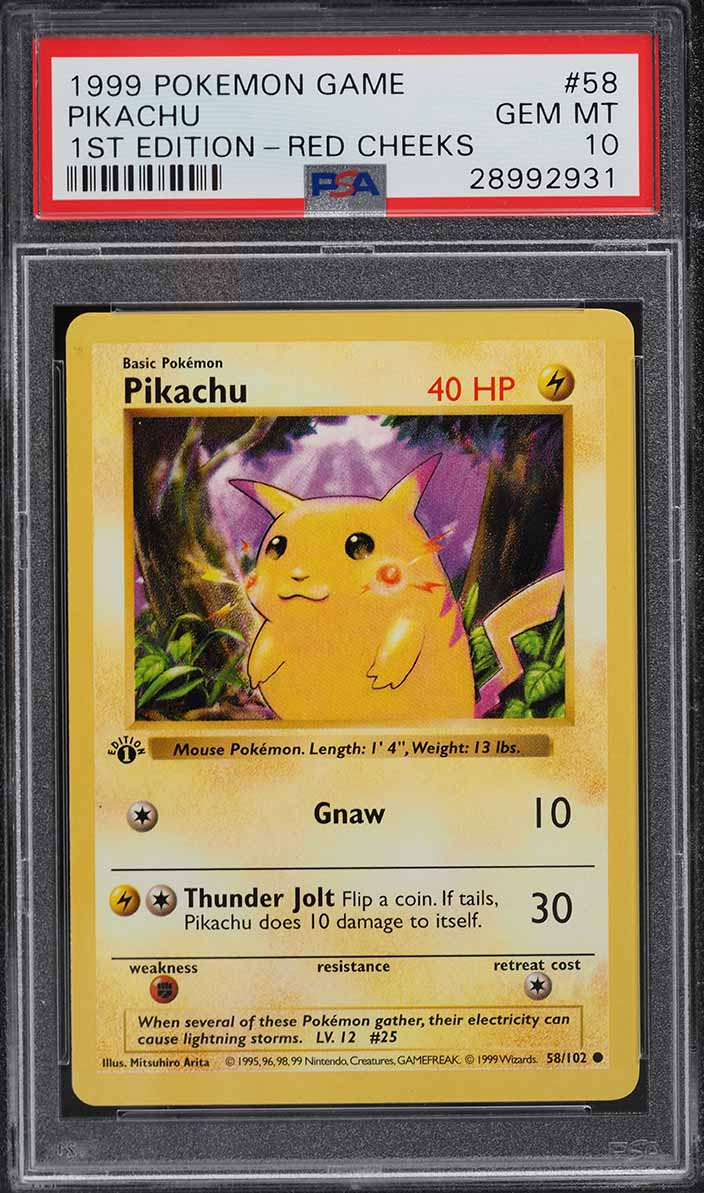 1999 Pokemon Base Set Shadowless 1st Edition Red Cheeks Pikachu #58 PSA 10 GEM