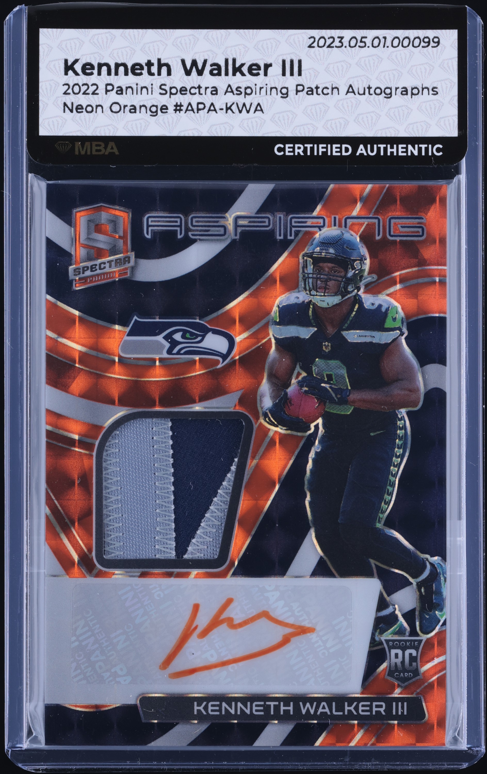 2022 Spectra Aspiring Neon Orange Kenneth Walker III RC PATCH AUTO /15 MBA AUTH