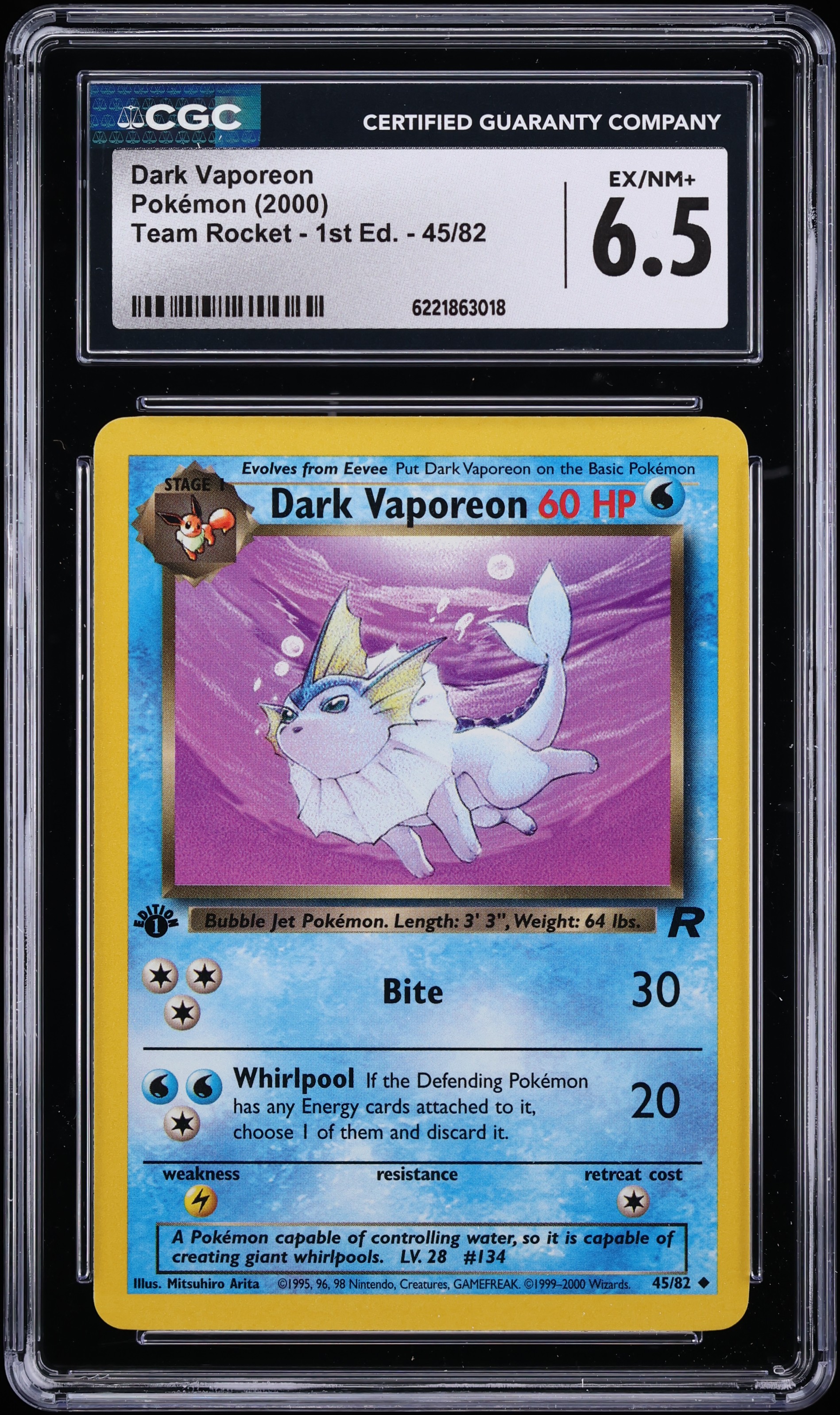 2000 Pokemon Team Rocket 1st Edition Dark Vaporeon #45 CGC 6.5 EXMT+