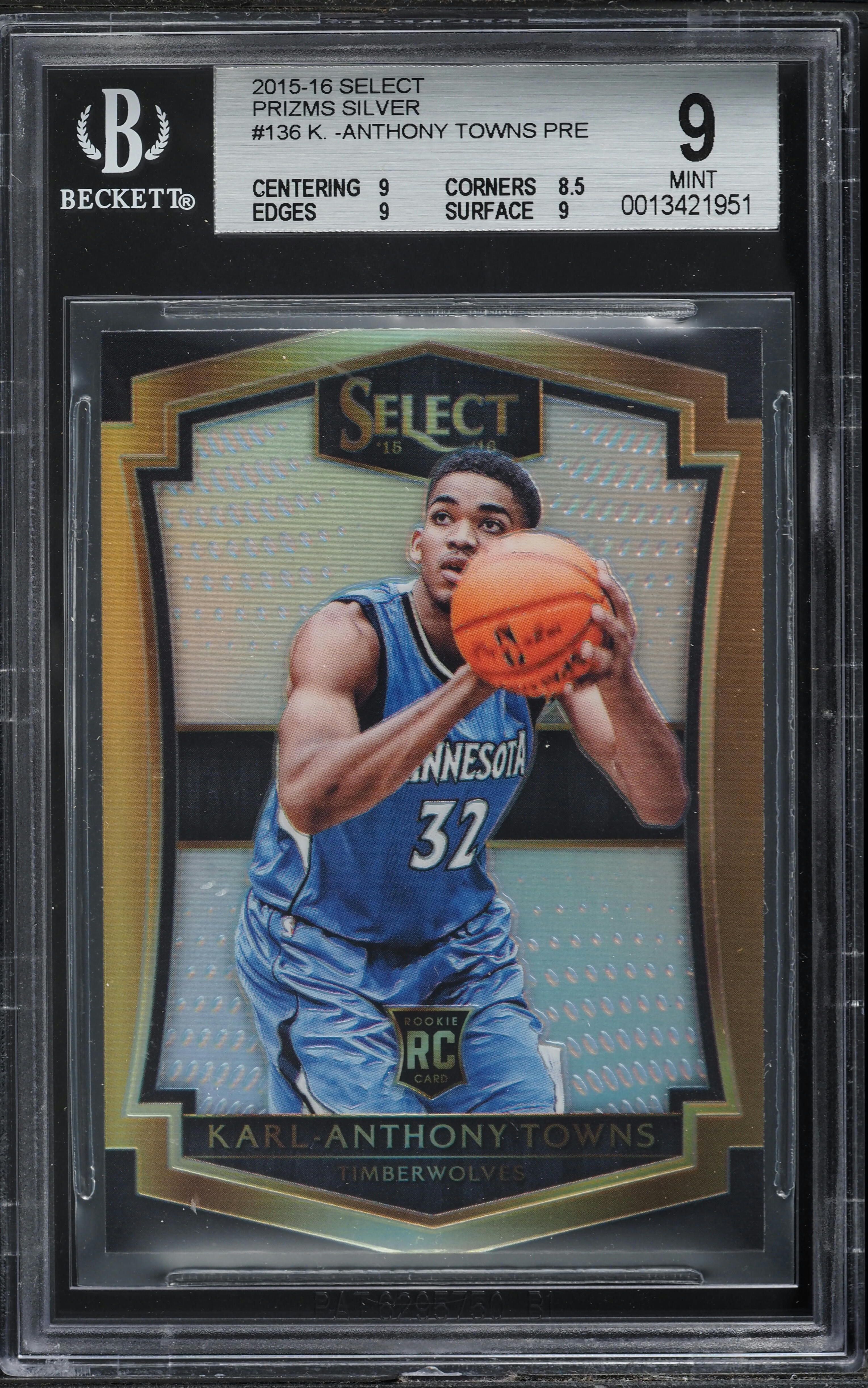 2015 Select Silver Prizm Karl-Anthony Towns ROOKIE #136 BGS 9 MINT
