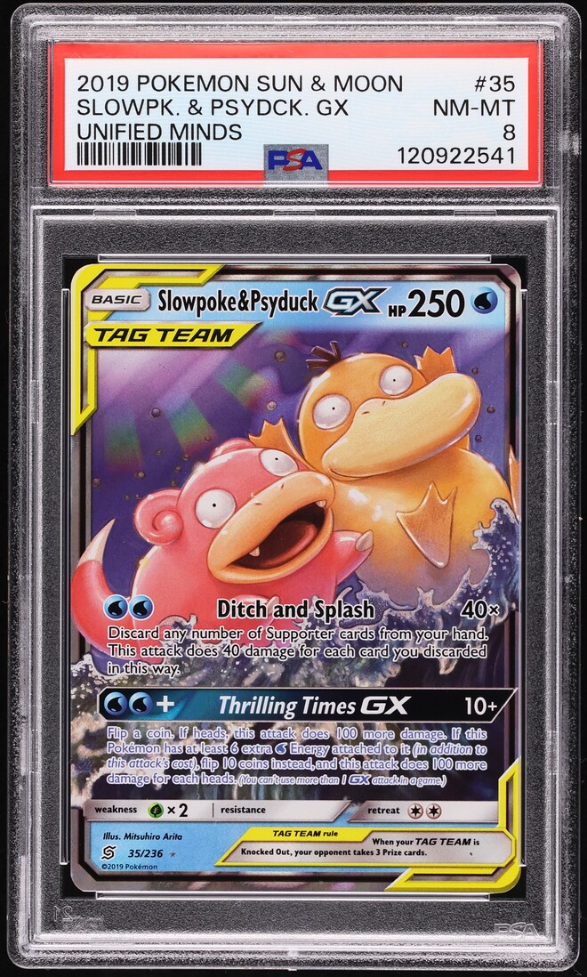 2019 Pokemon Sun & Moon Unified Minds Full Art Slowpoke & Psyduck GX #35 PSA 8