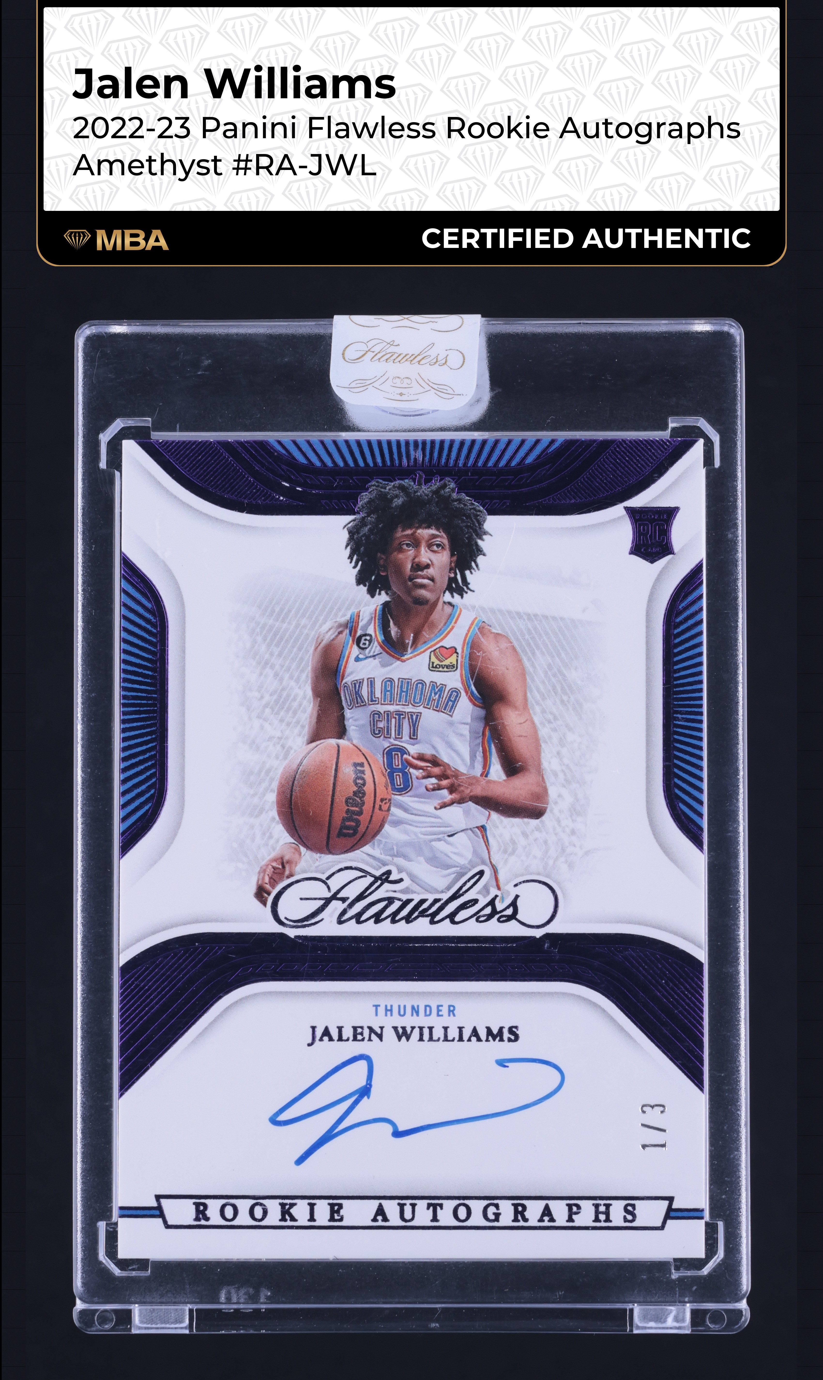 2022 Panini Flawless Amethyst Jalen Williams ROOKIE AUTO 1/3 #RA-JWL MBA AUTH