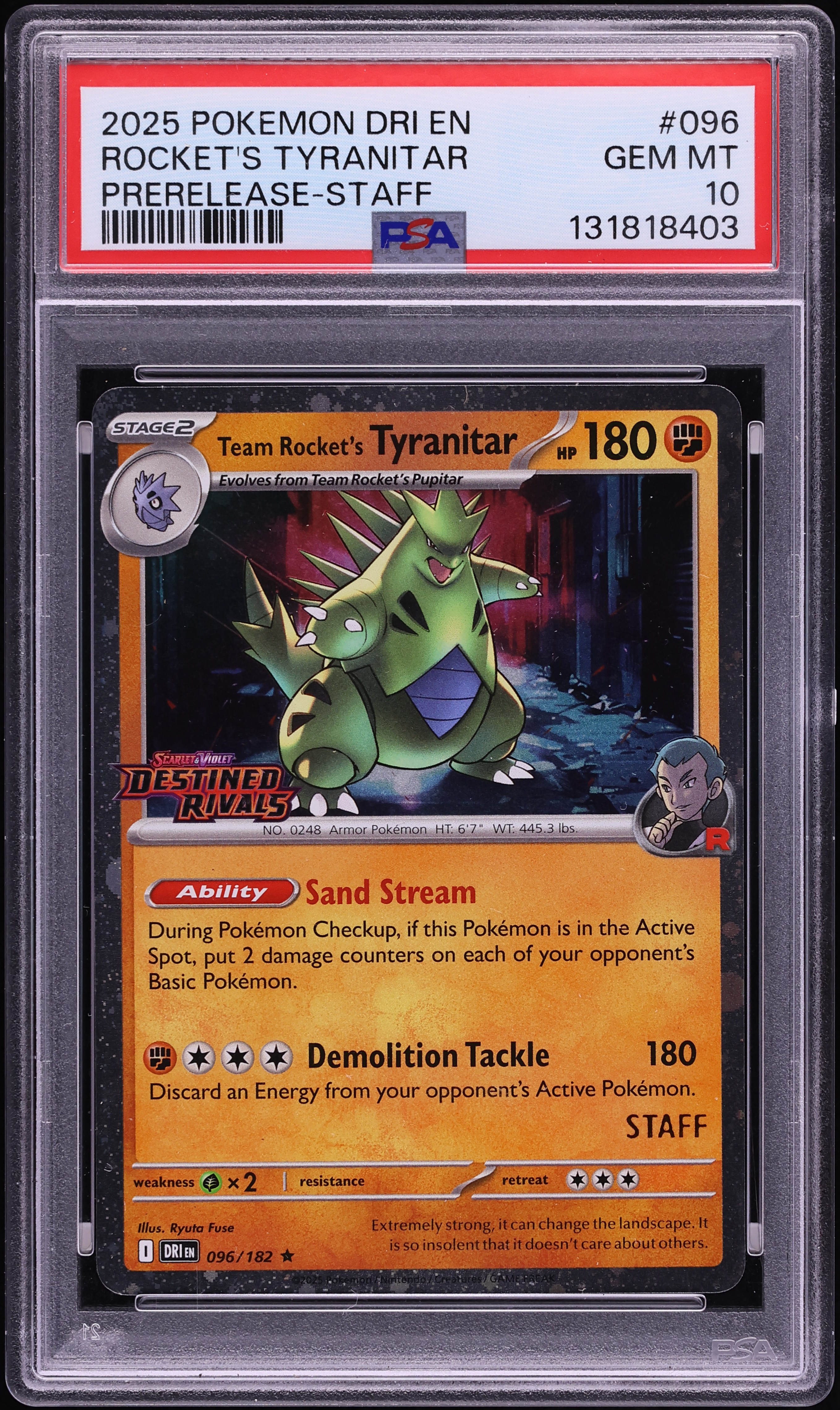 2025 Pokemon SV Destined Rivals Prerelease Staff Team Rocket's Tyranitar #96 PSA 10 GEM MINT