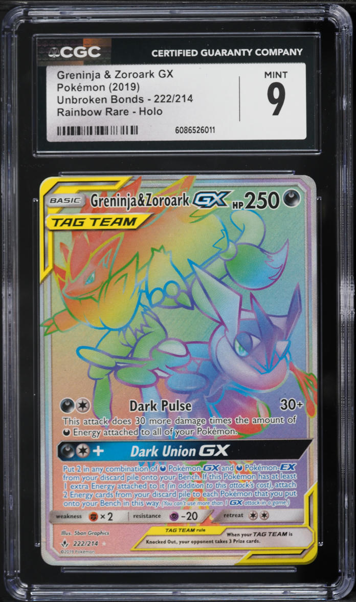 2019 Pokemon SM Unbroken Bonds Rainbow Rare Greninja & Zoroark GX #222 CGC 9 MINT
