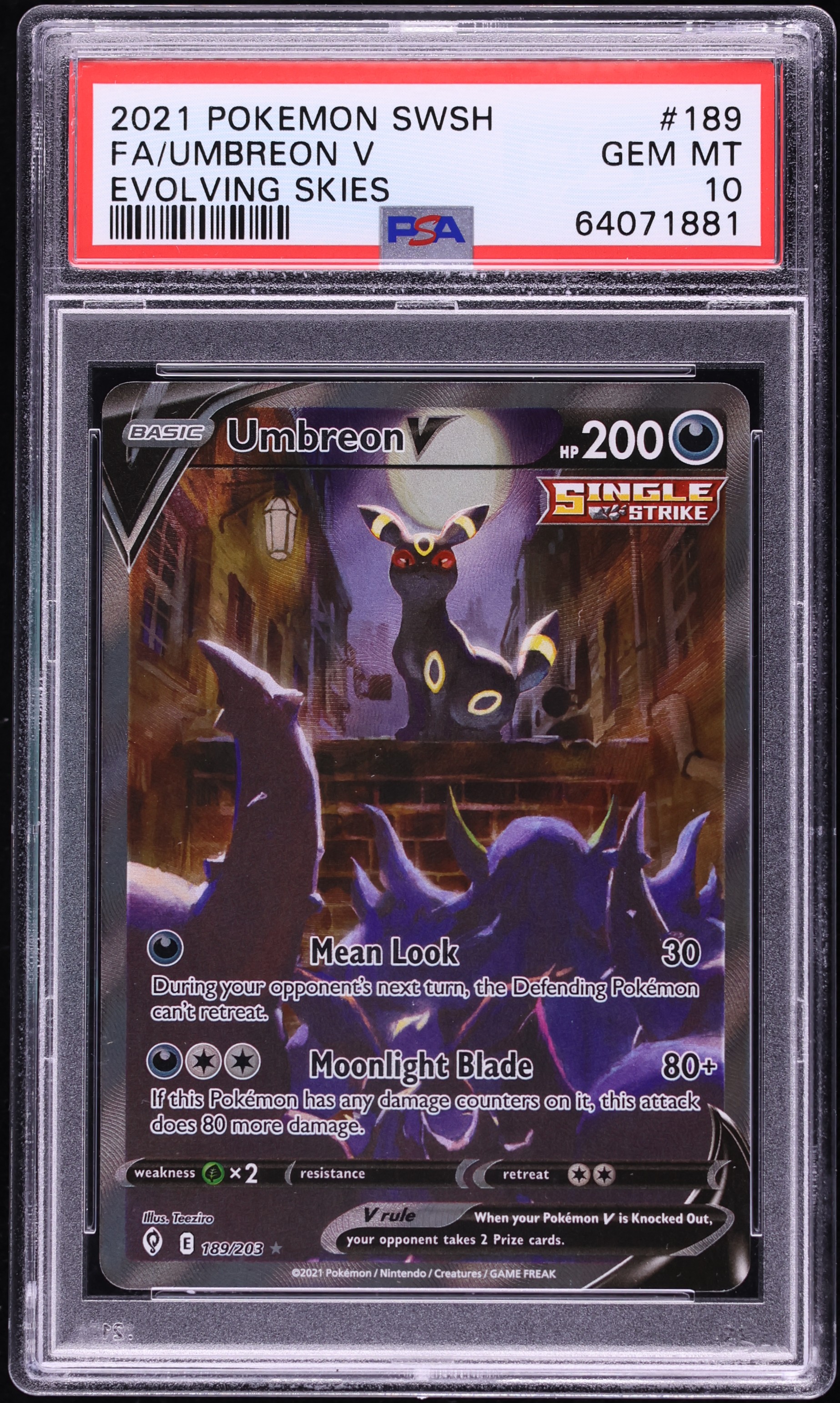 2021 Pokemon Sword & Shield Evolving Skies Alt Art Umbreon V #189 PSA 10 GEM MINT