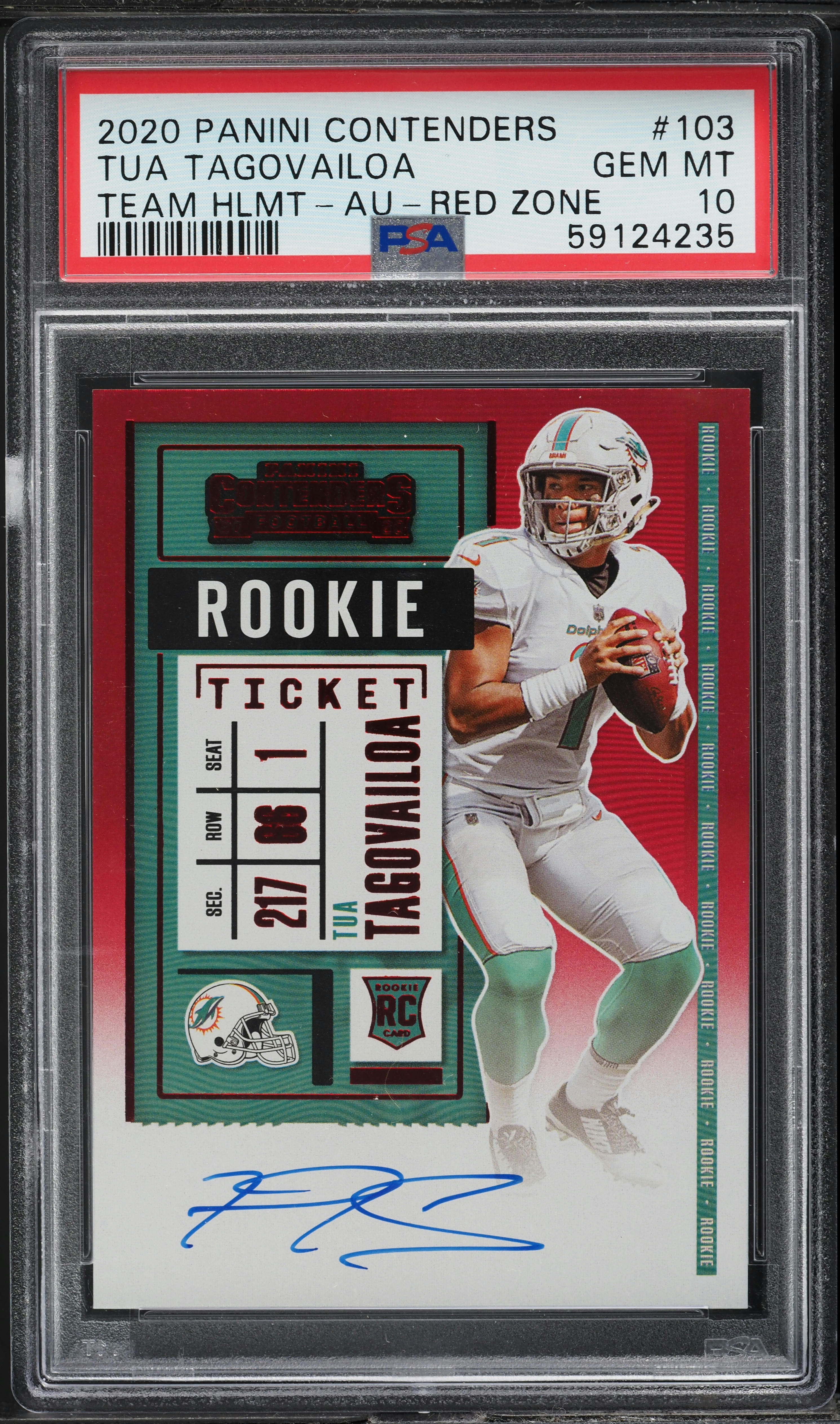 2020 Panini Contenders Red Zone Tua Tagovailoa ROOKIE AUTO #103 PSA 10 GEM MINT