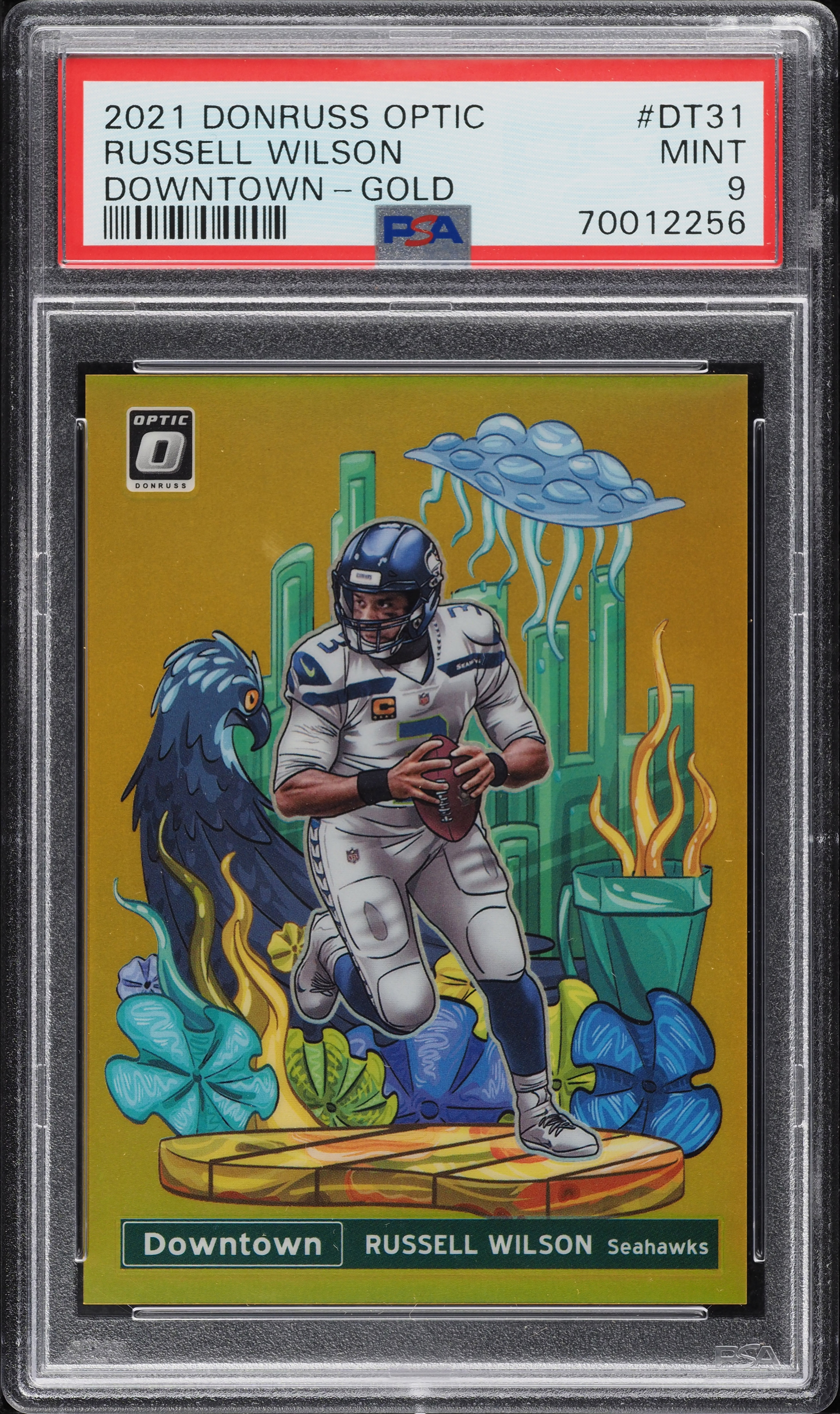2021 Donruss Optic Downtown Gold Russell Wilson JERSEY # 3/10 #DT31 PSA 9 MINT