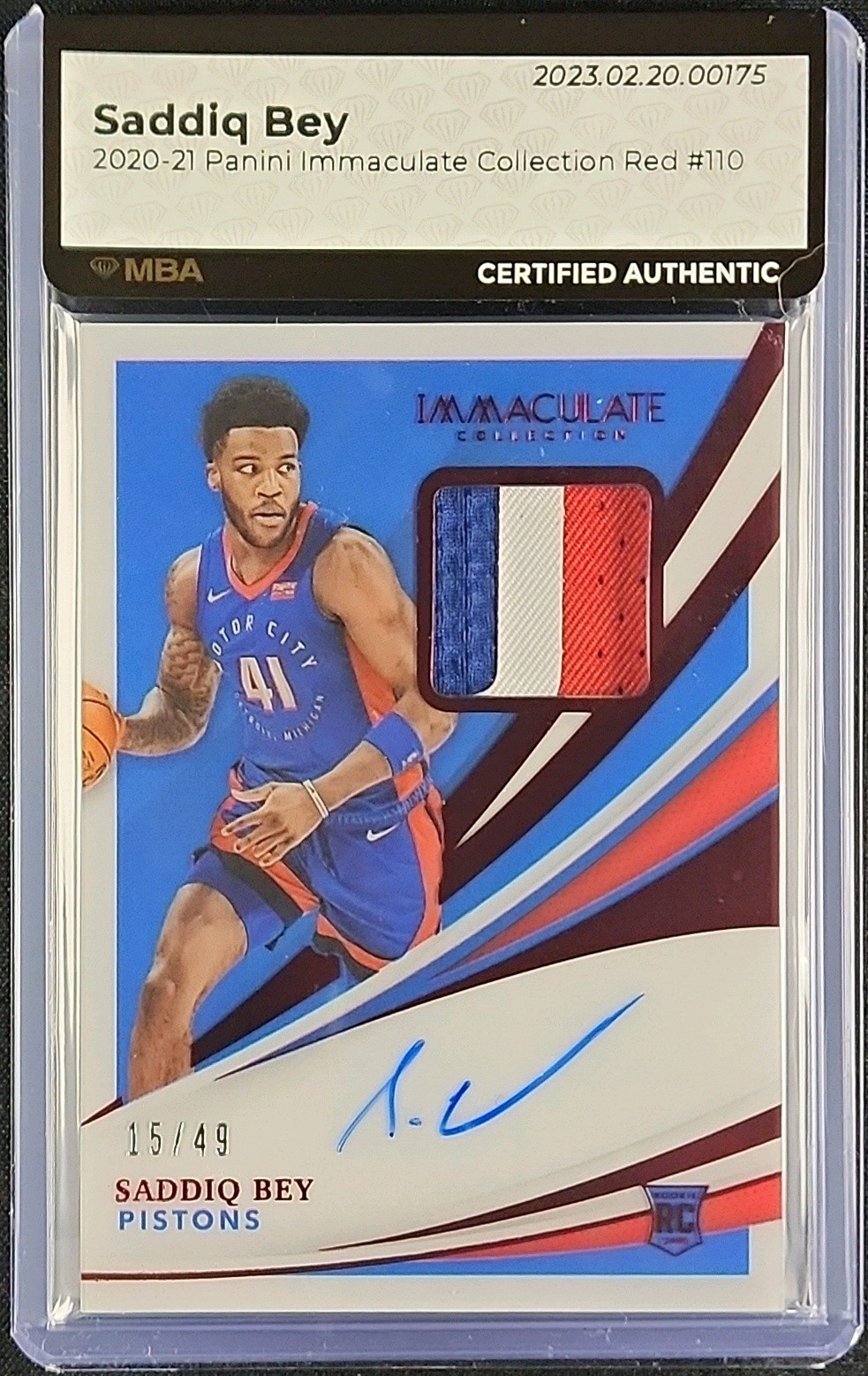 2020 Immaculate Collection Red Saddiq Bey ROOKIE PATCH AUTO /49 #110 MBA AUTH