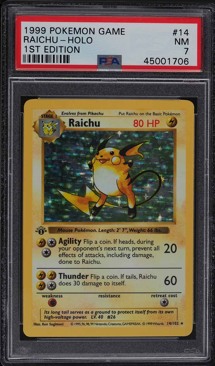 1999 Pokemon Base Set Shadowless 1st Edition Holo Raichu #14 PSA 7 NRMT