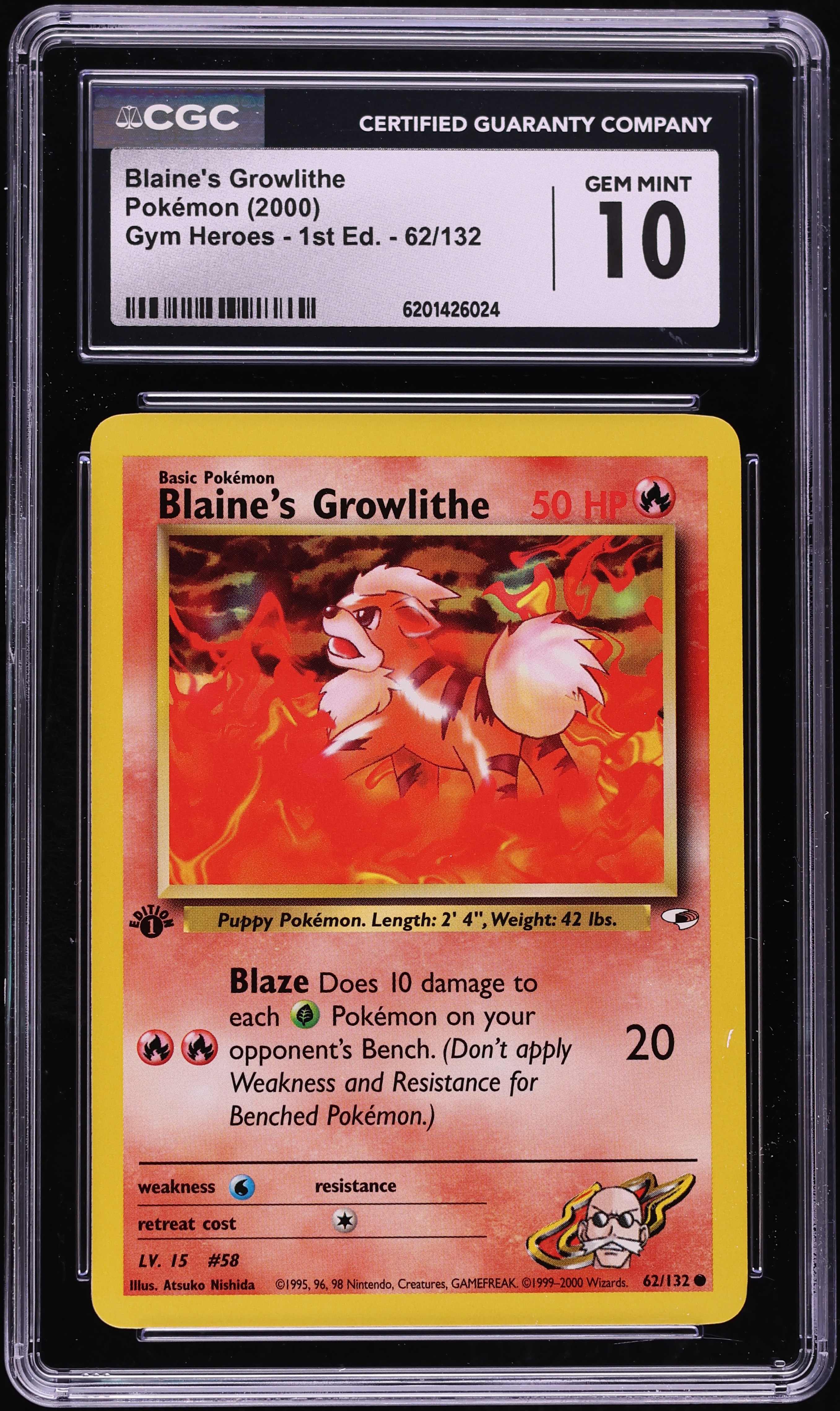 2000 Pokemon Gym Heroes 1st Edition Blaine's Growlithe #62 CGC 10 GEM MINT