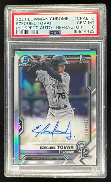 2021 Bowman Chrome Autographs Refractor Ezequiel Tovar RC Auto /499 PSA 10