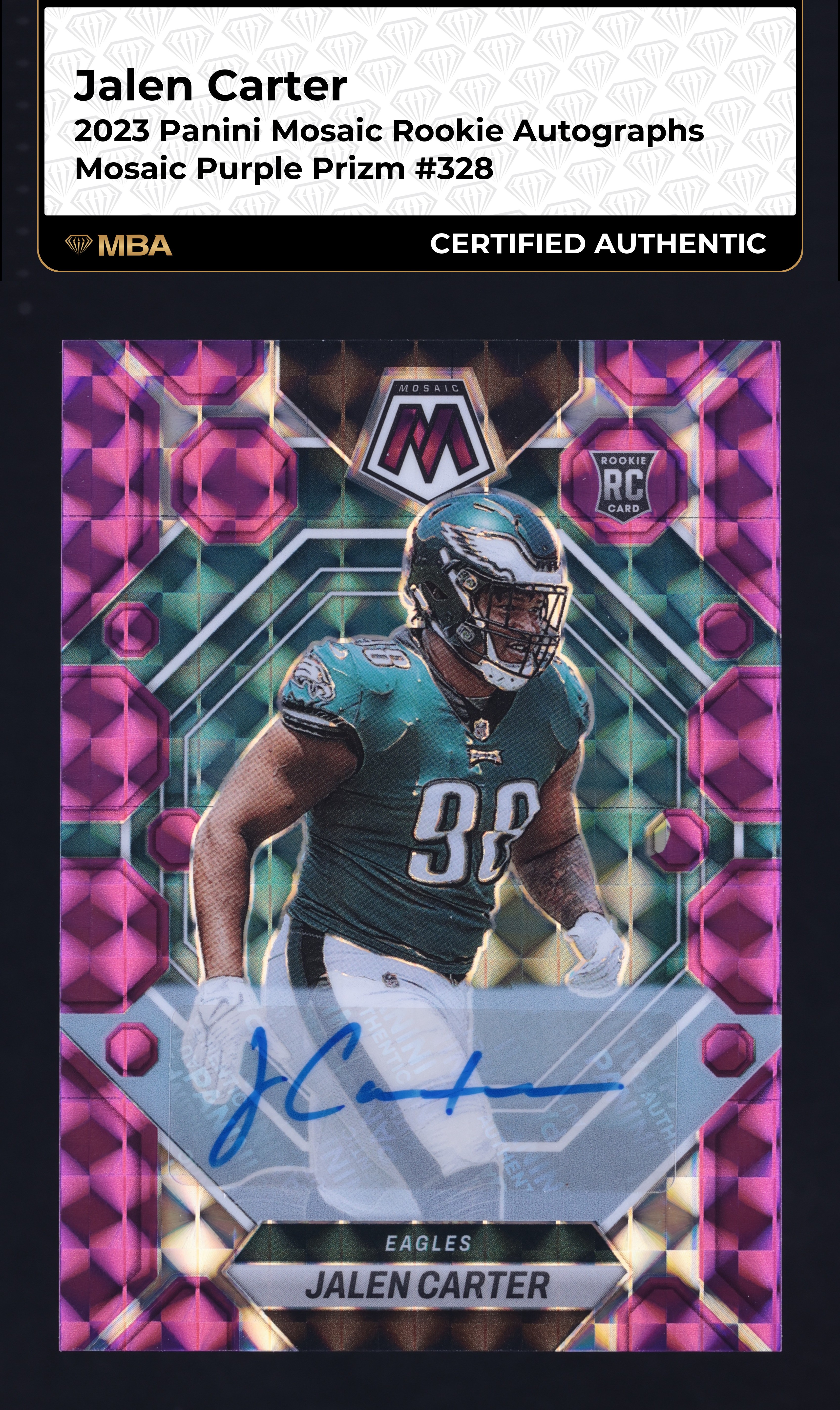 2023 Panini Mosaic Purple Prizm Jalen Carter ROOKIE AUTO /49 #328 MBA AUTH