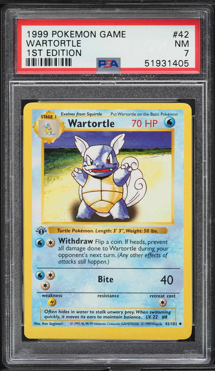 1999 Pokemon Base Set Shadowless 1st Edition Wartortle #42 PSA 7 NRMT