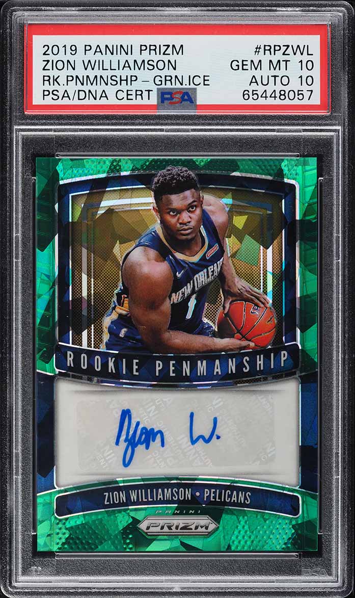 2019 Panini Prizm Penmanship Green Ice Zion Williamson RC AUTO DNA 10 /16 PSA 10