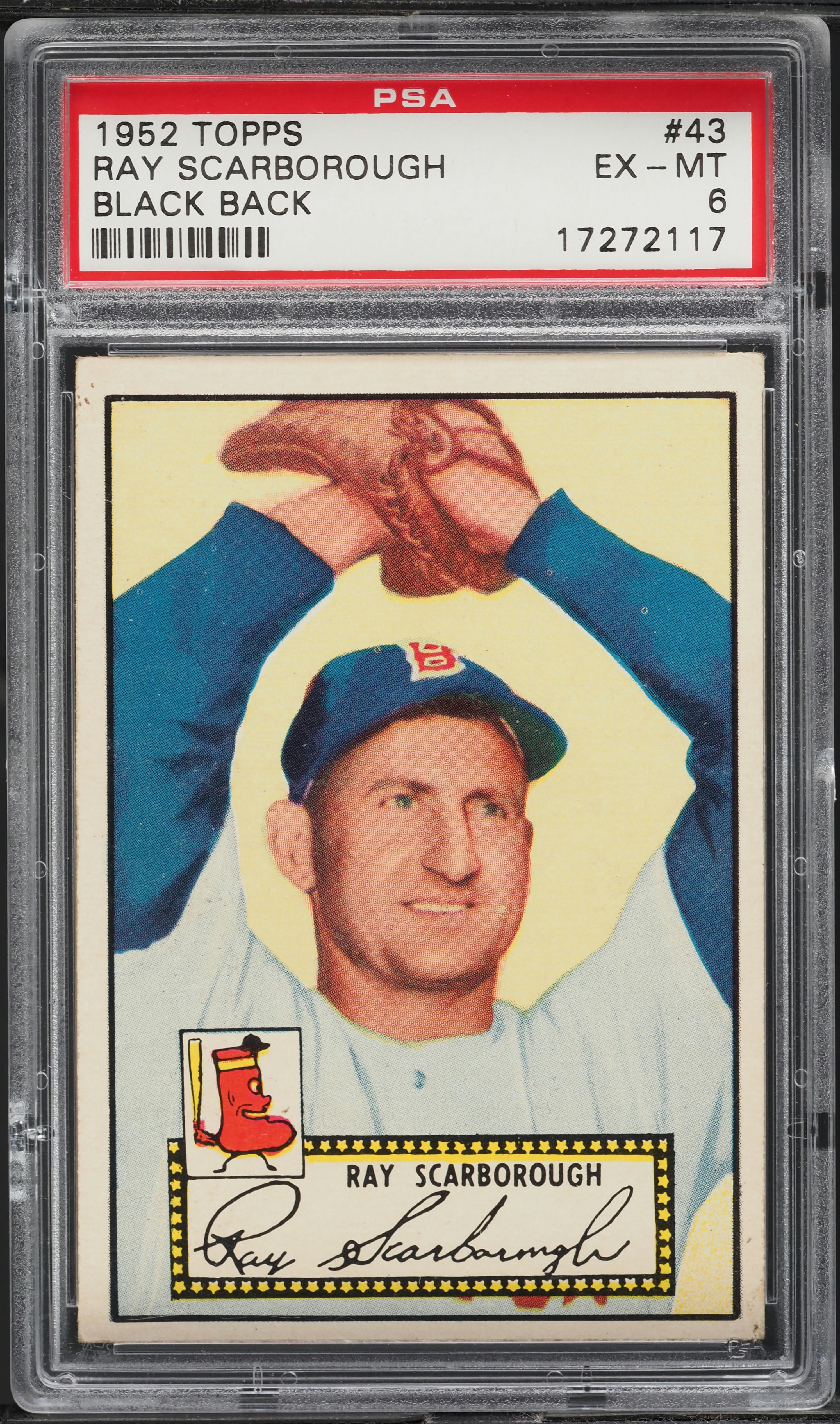 1952 Topps Ray Scarborough BLACK BACK #43 PSA 6 EXMT
