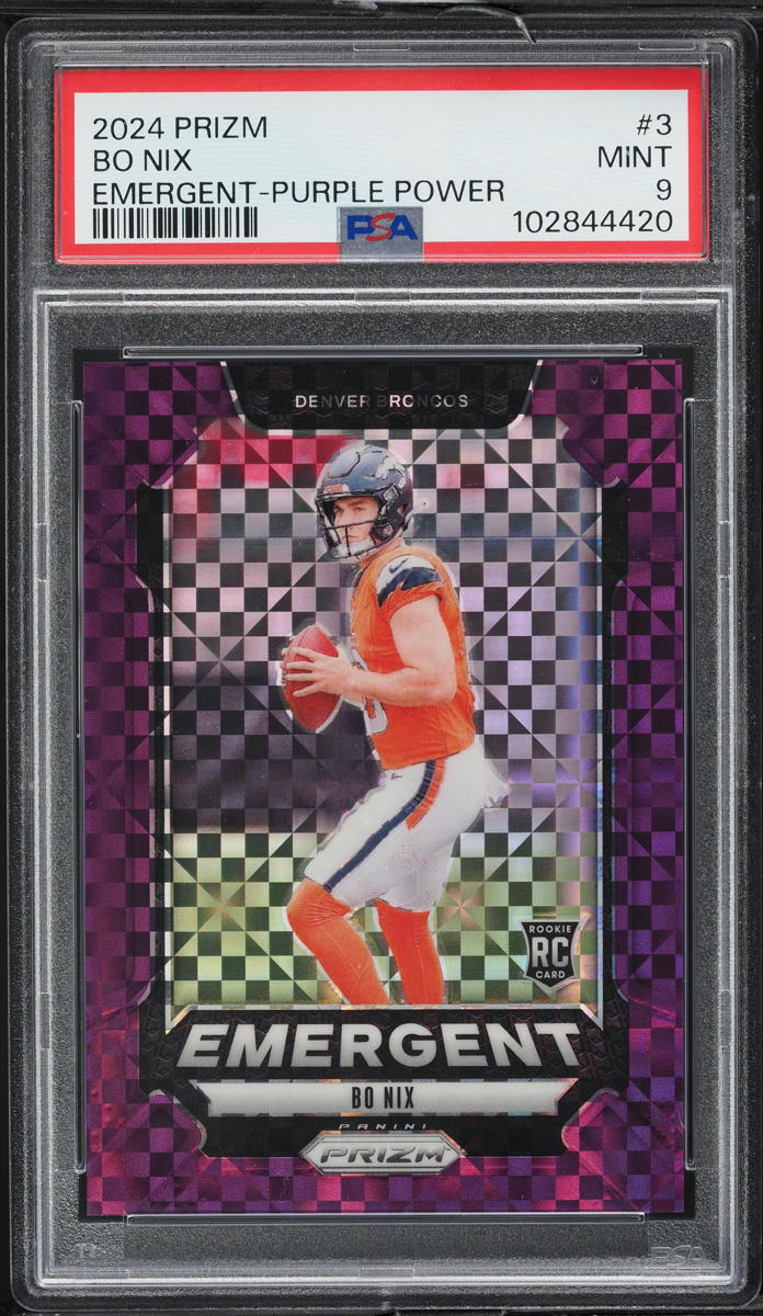 2024 Panini Prizm Emergent Purple Power Bo Nix ROOKIE /49 #3 PSA 9 MINT