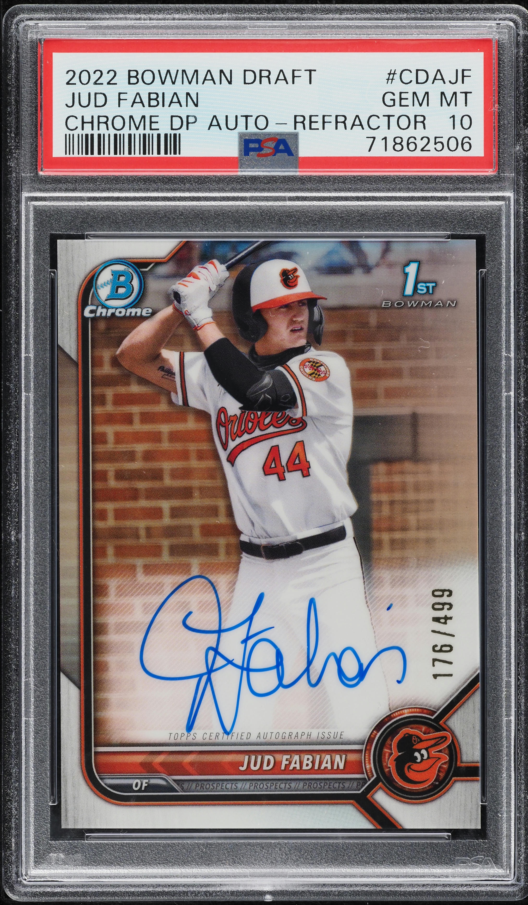 2022 Bowman Chrome Refractor Jud Fabian ROOKIE AUTO /499 #CDAJF PSA 10 GEM MINT