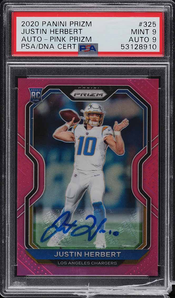 2020 Panini Prizm Pink Prizms Justin Herbert ROOKIE AUTO DNA 9 #325 PSA 9 MINT