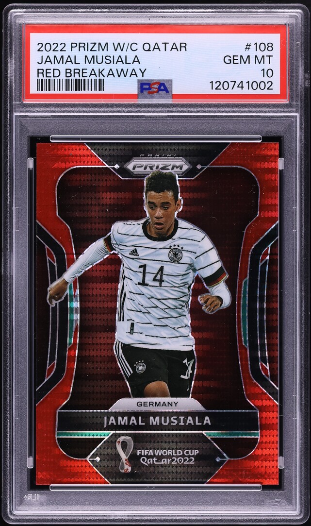 2022 Panini Prizm World Cup Qatar Red Breakaway Jamal Musiala /99 #108 PSA 10