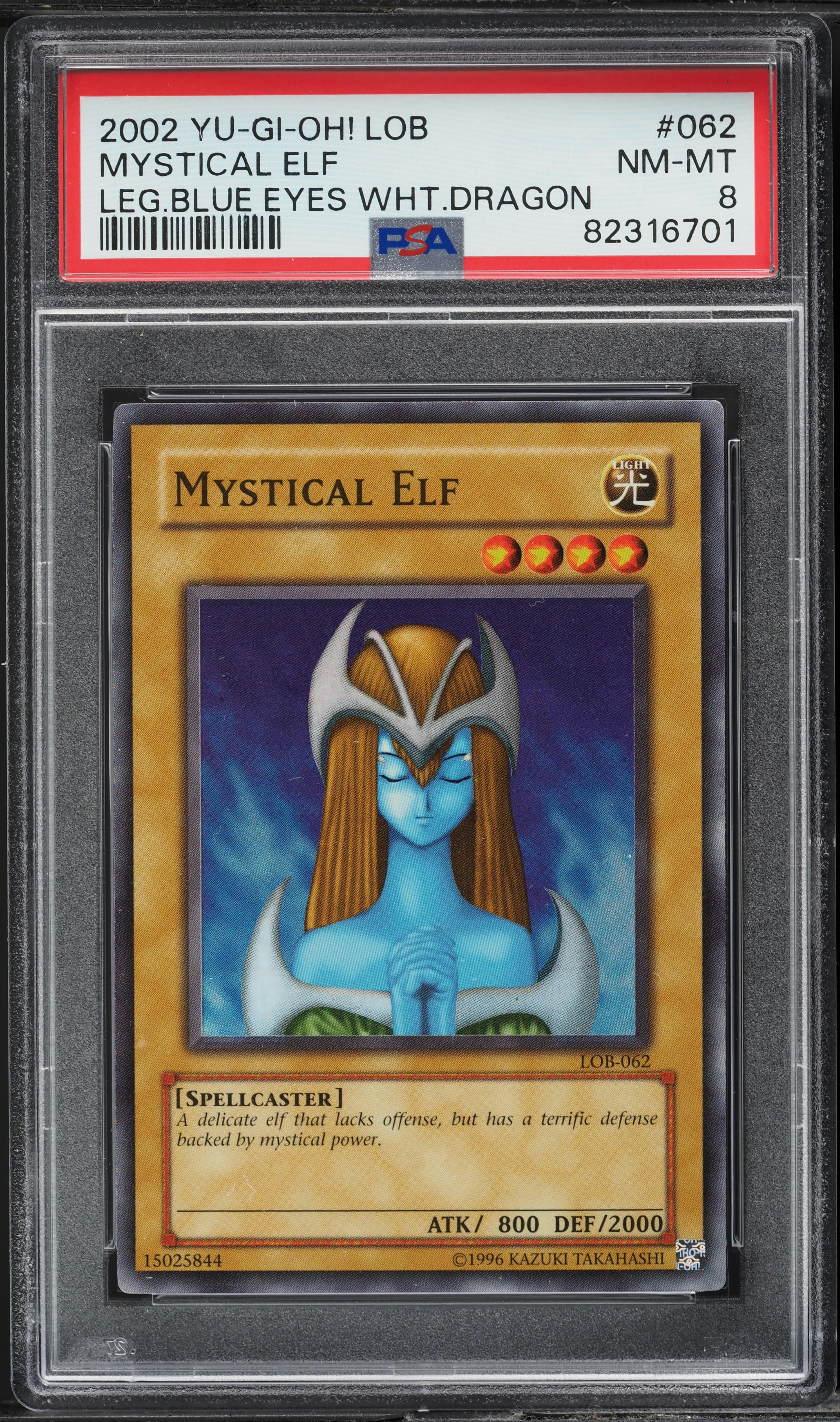 2002 Yu-Gi-Oh! Legend Of Blue Eyes White Dragon Mystical Elf #LOB-062 PSA 8
