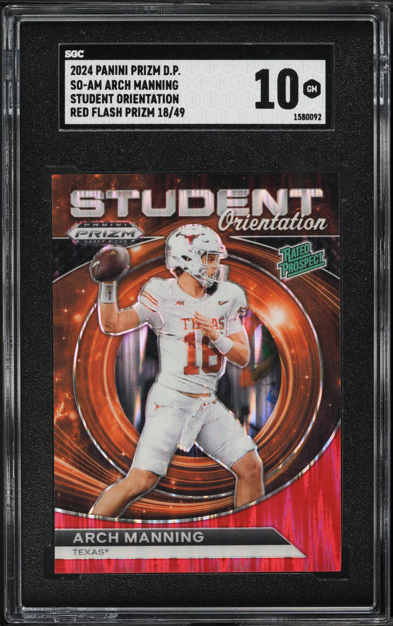 2024 Panini Prizm Draft Student Orientation Red Flash Arch Manning RC /49 SGC 10