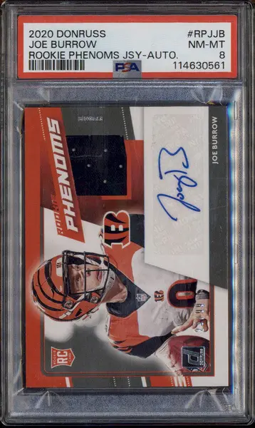 2020 Panini Donruss Rookie Phenoms Jersey Auto #RPJJB Joe Burrow RC /99 PSA 8