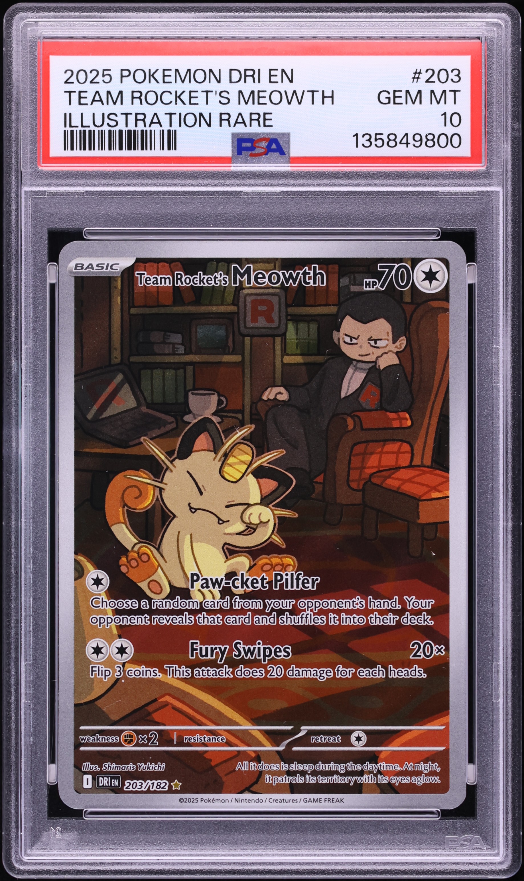 2025 Pokemon Scarlet & Violet Destined Rivals IR Team Rocket's Meowth #203 PSA 10 GEM MINT