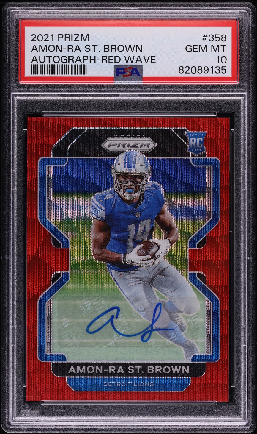 2021 Panini Prizm Red Wave Amon-Ra St. Brown ROOKIE AUTO /149 #358 PSA 10 GEM