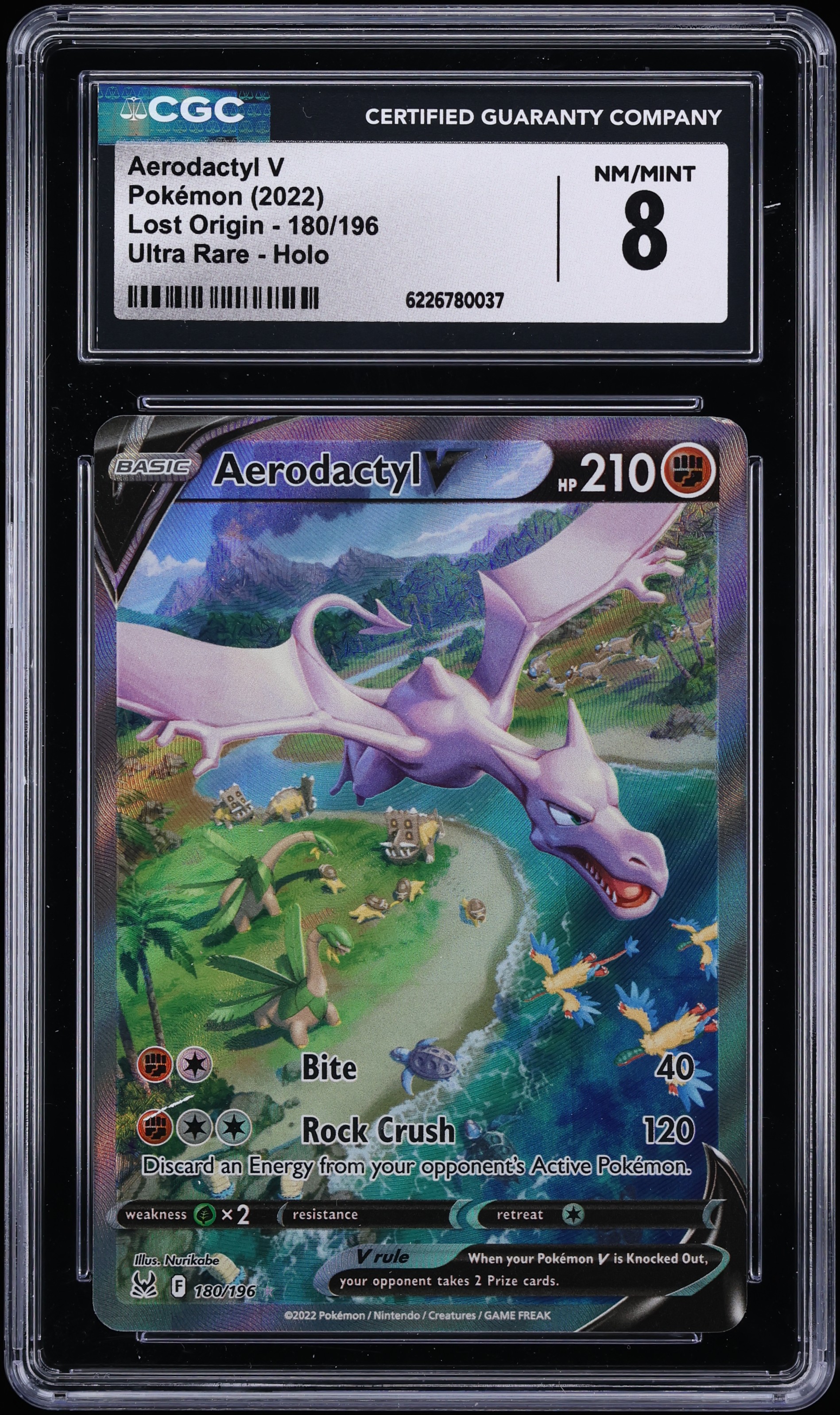 2022 Pokemon Sword & Shield Lost Origin Full Art Aerodactyl V #180 CGC 8 NM-MT