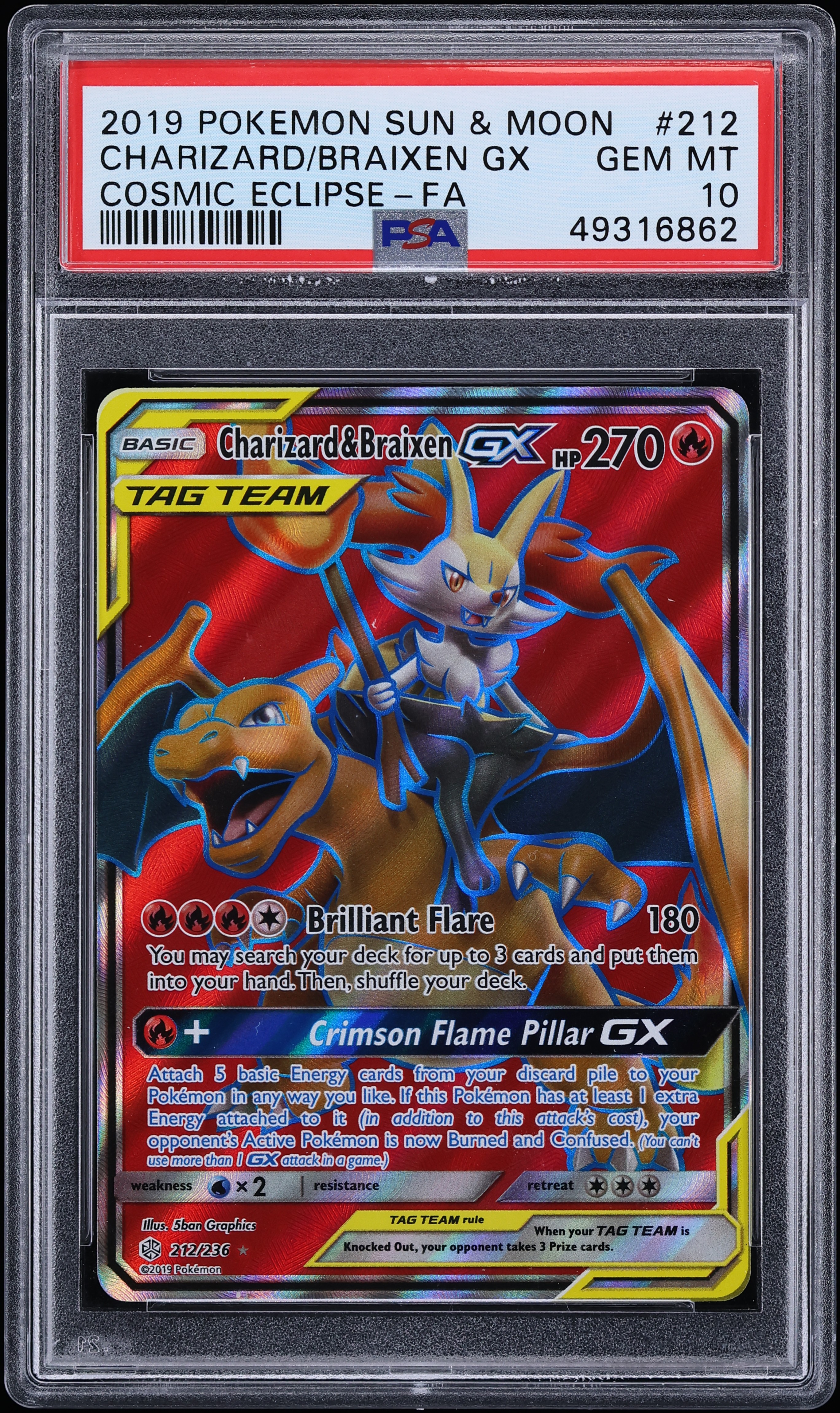 2019 Pokemon Sun & Moon Cosmic Eclipse Full Art Charizard & Braixen GX #212 PSA 10 GEM MINT