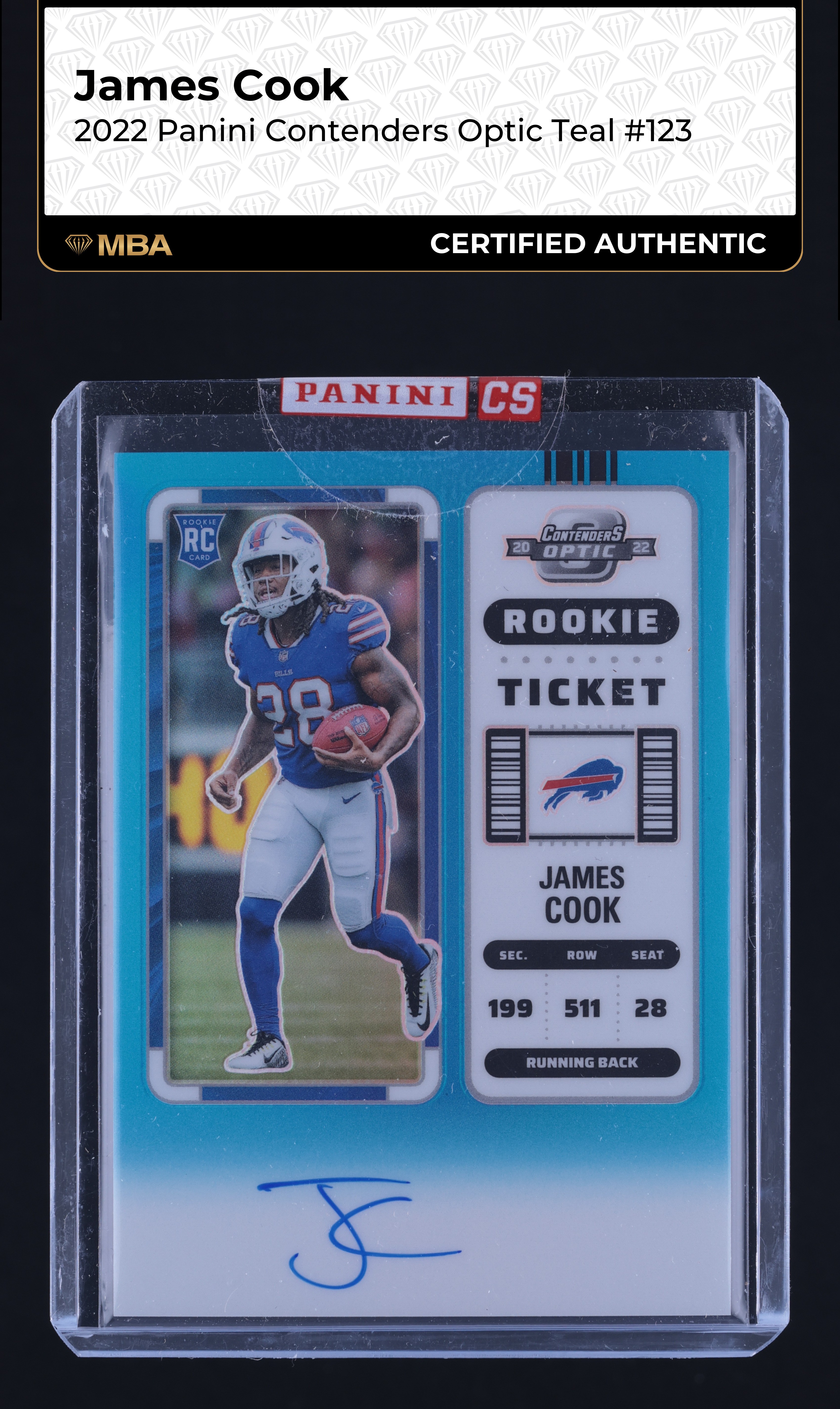 2022 Panini Contenders Optic Teal James Cook ROOKIE AUTO /99 #123 MBA AUTH