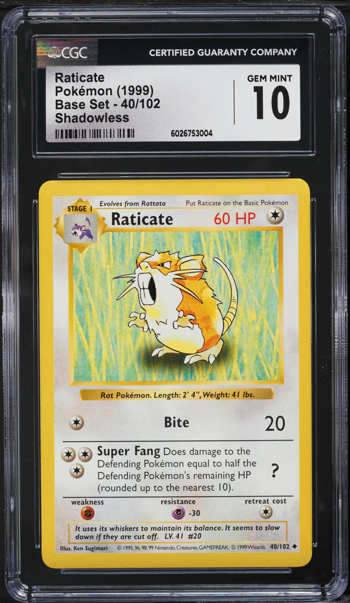 1999 Pokemon Base Set Shadowless Raticate #40 CGC 10 GEM MINT