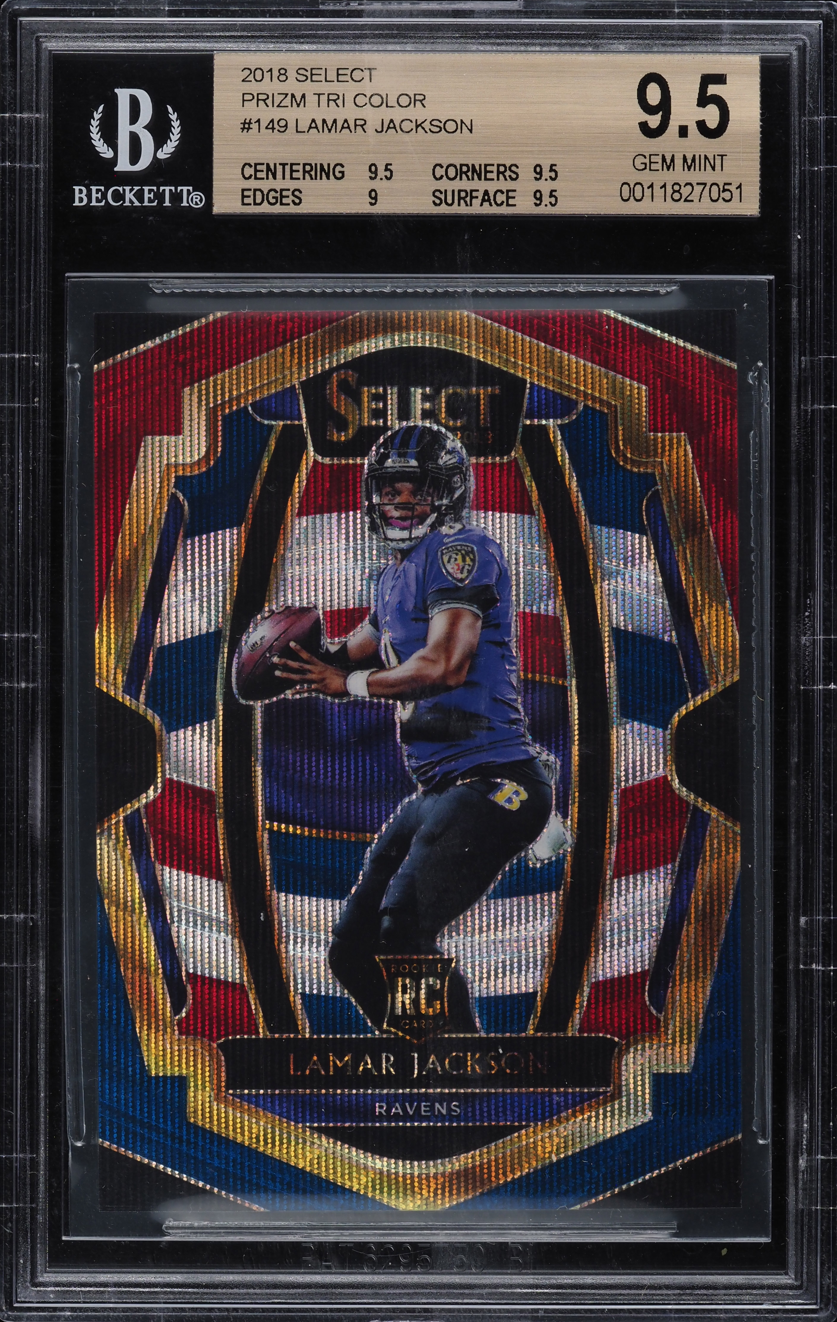2018 Select Premier Level Tri-Color Prizm Lamar Jackson ROOKIE /199 #149 BGS 9.5