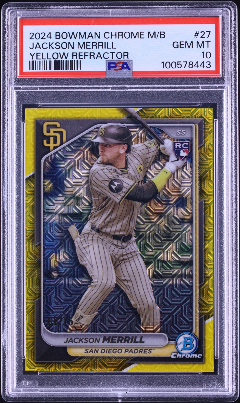 2024 Bowman Chrome Mega Box Yellow Refractor Jackson Merrill RC /75 #27 PSA 10