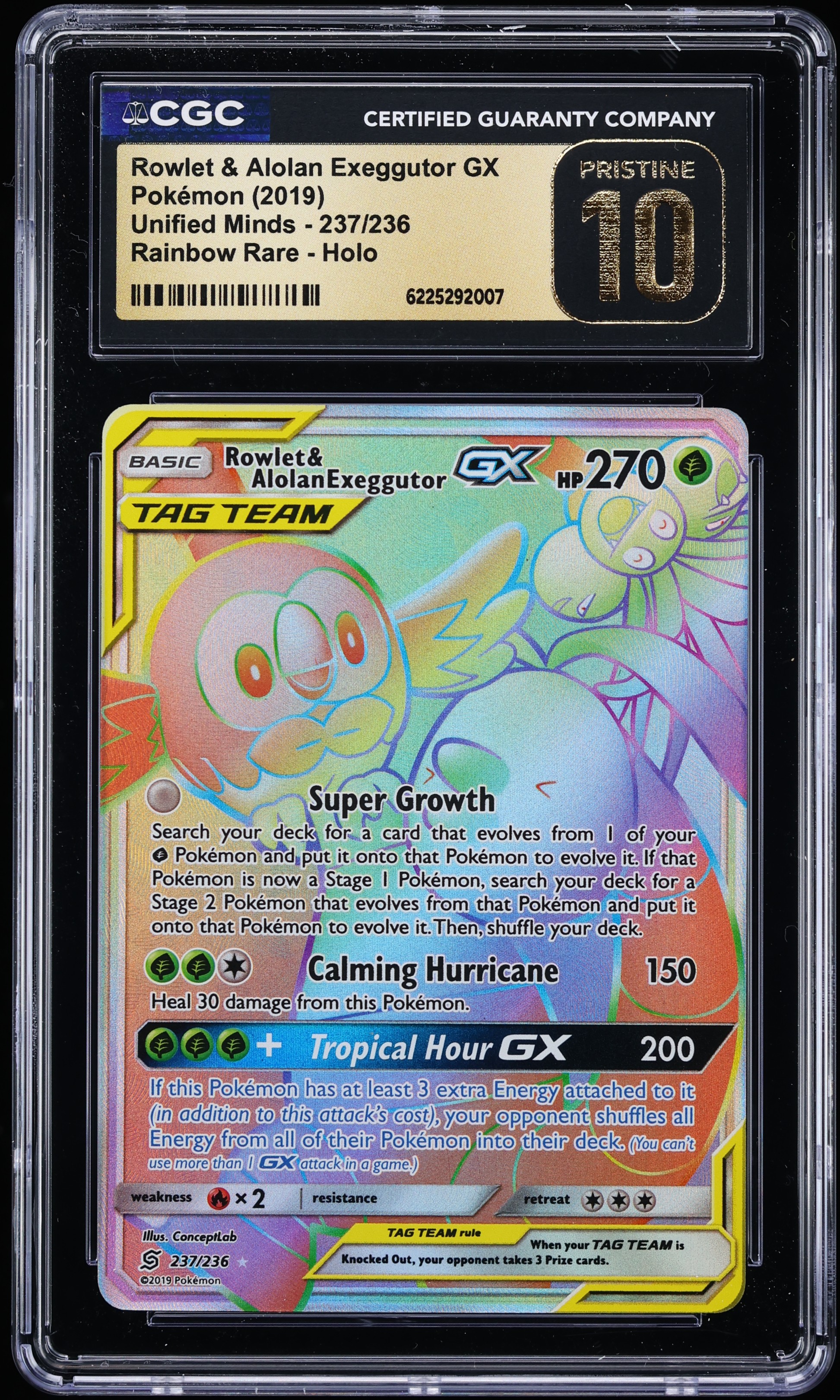 2019 Pokemon SM Unified Minds Rainbow Rare Rowlet & Alolan Exeggutor GX #237 CGC 10 PRISTINE