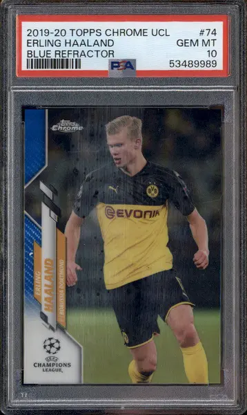 2019 Topps Chrome UCL Blue Refractor #74 Erling Haaland RC Rookie /150 PSA 10