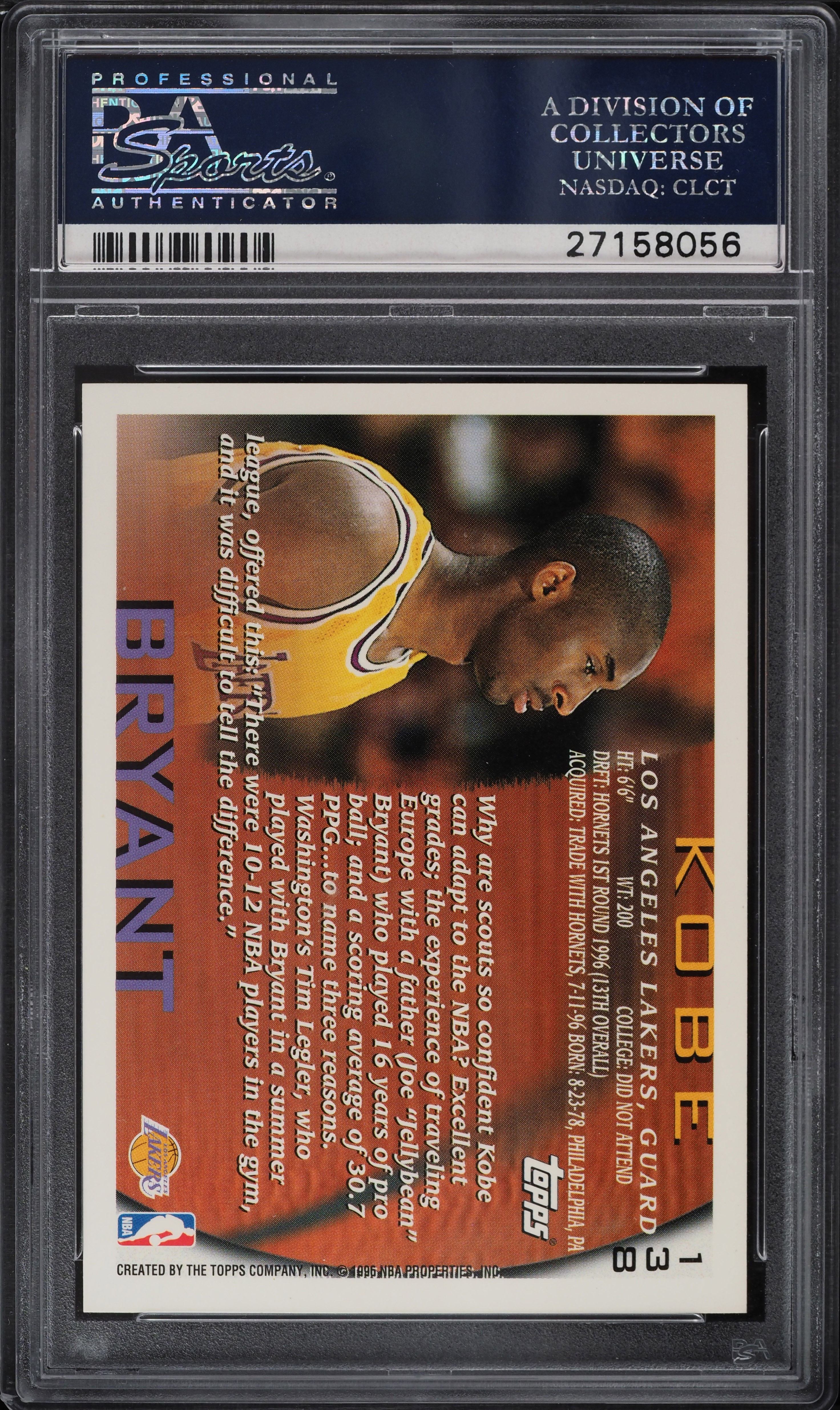 1996 Topps Basketball Kobe Bryant ROOKIE #138 PSA 10 GEM MINT