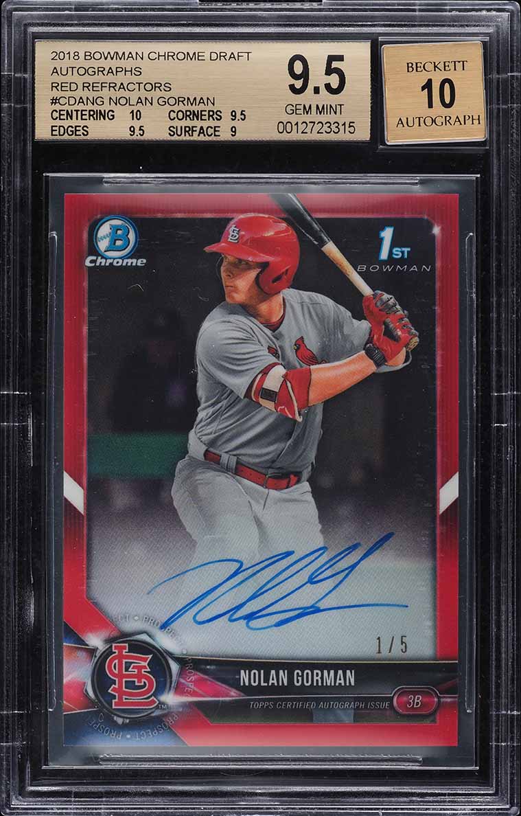 2018 Bowman Chrome Red Refractor Nolan Gorman ROOKIE AUTO 1/5 BGS 9.5
