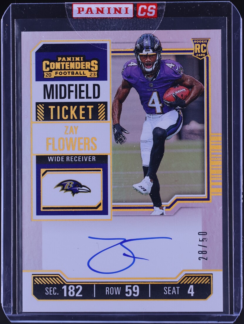 2023 Panini Contenders Midfield Ticket Zay Flowers ROOKIE AUTO /50 #142