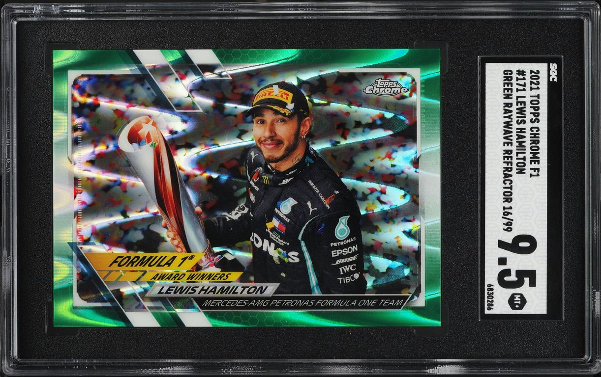 2021 Topps Chrome Formula 1 F1 Green Raywave Ref. Lewis Hamilton /99 SGC 9.5