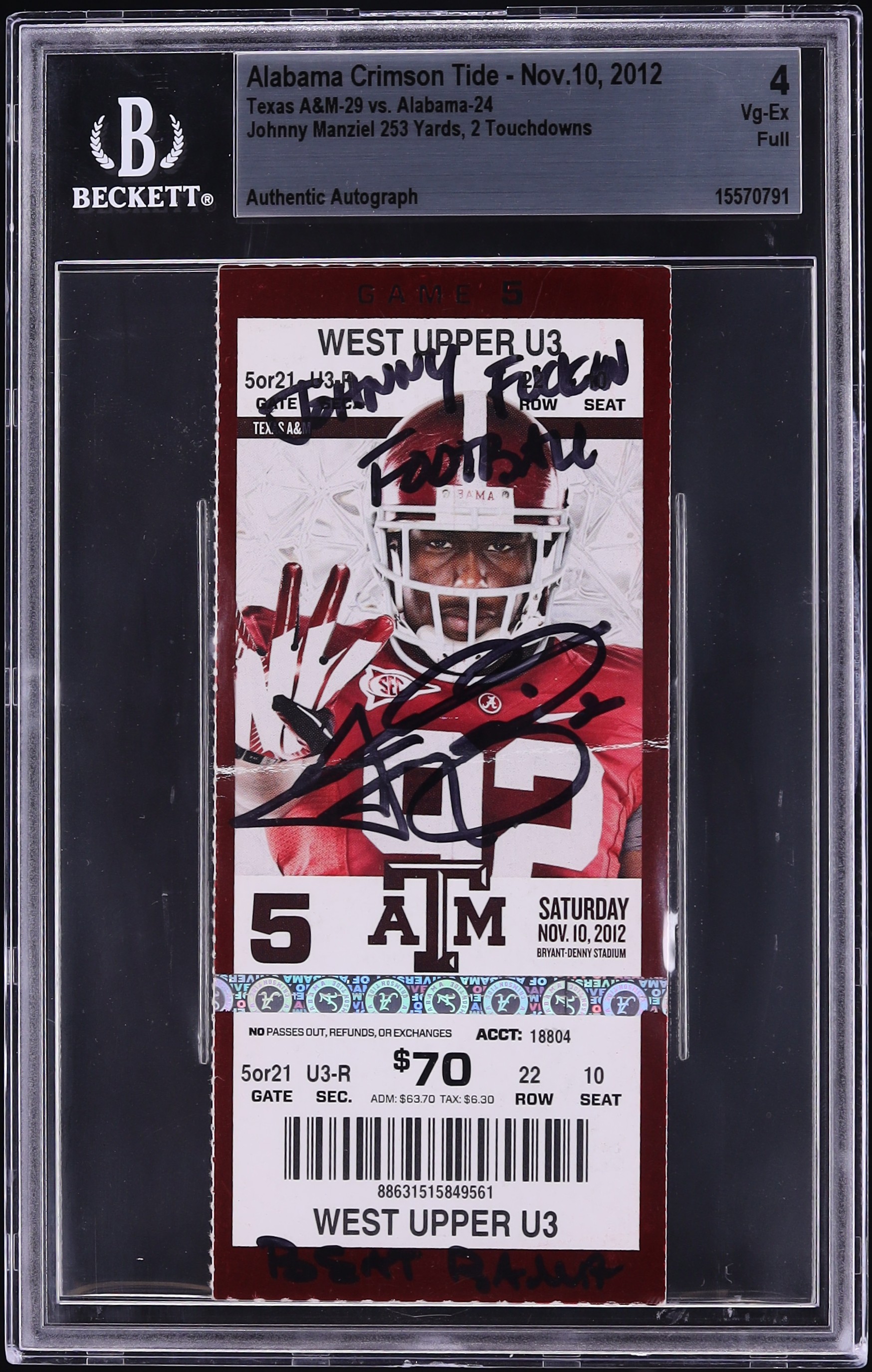 2012 Texas A&M vs. Alabama Full Ticket Johnny Manziel AUTO BGS 4 VGEX