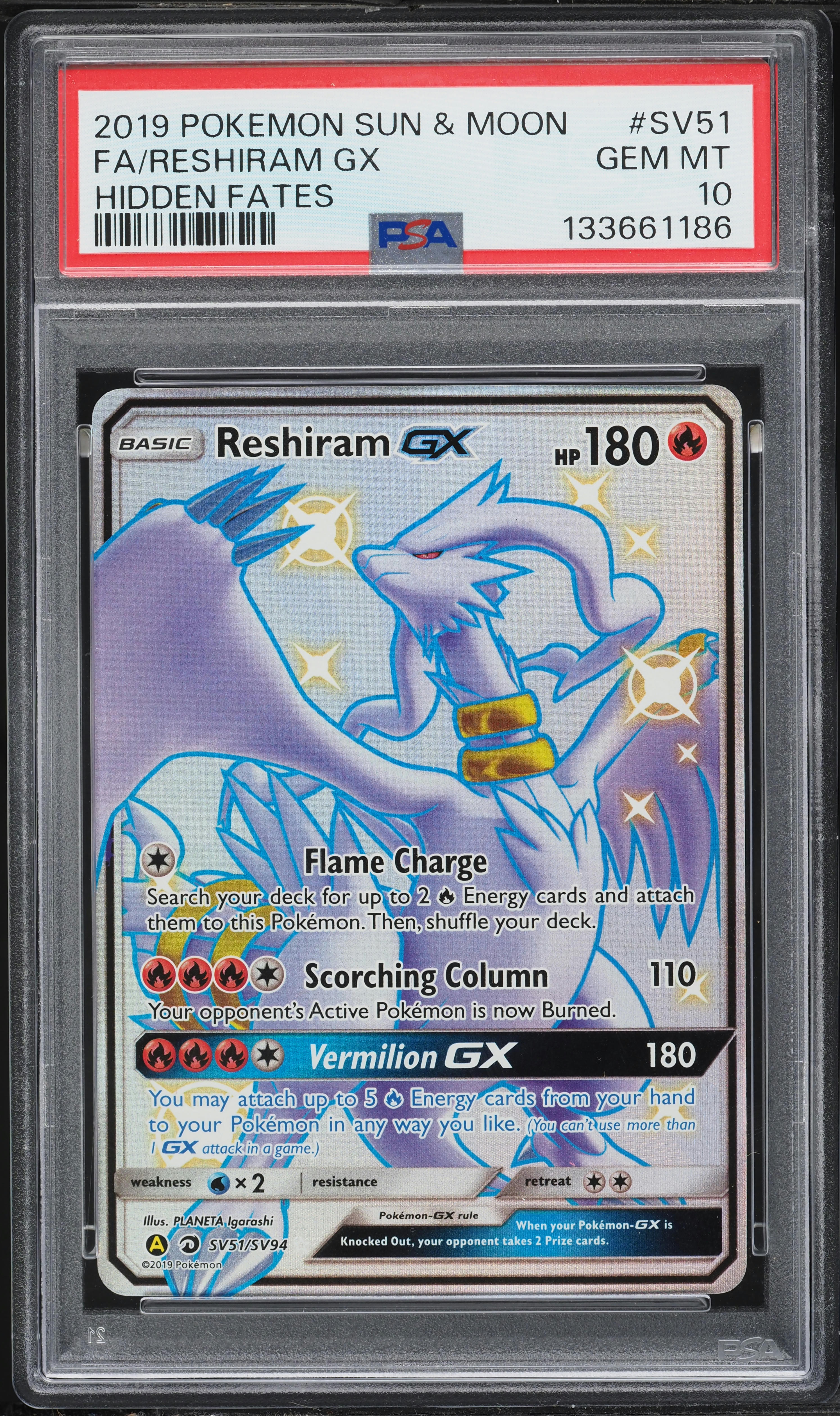 2019 Pokemon Sun & Moon Hidden Fates Shiny Vault Full Art Reshiram GX #SV51 PSA 10 GEM MINT