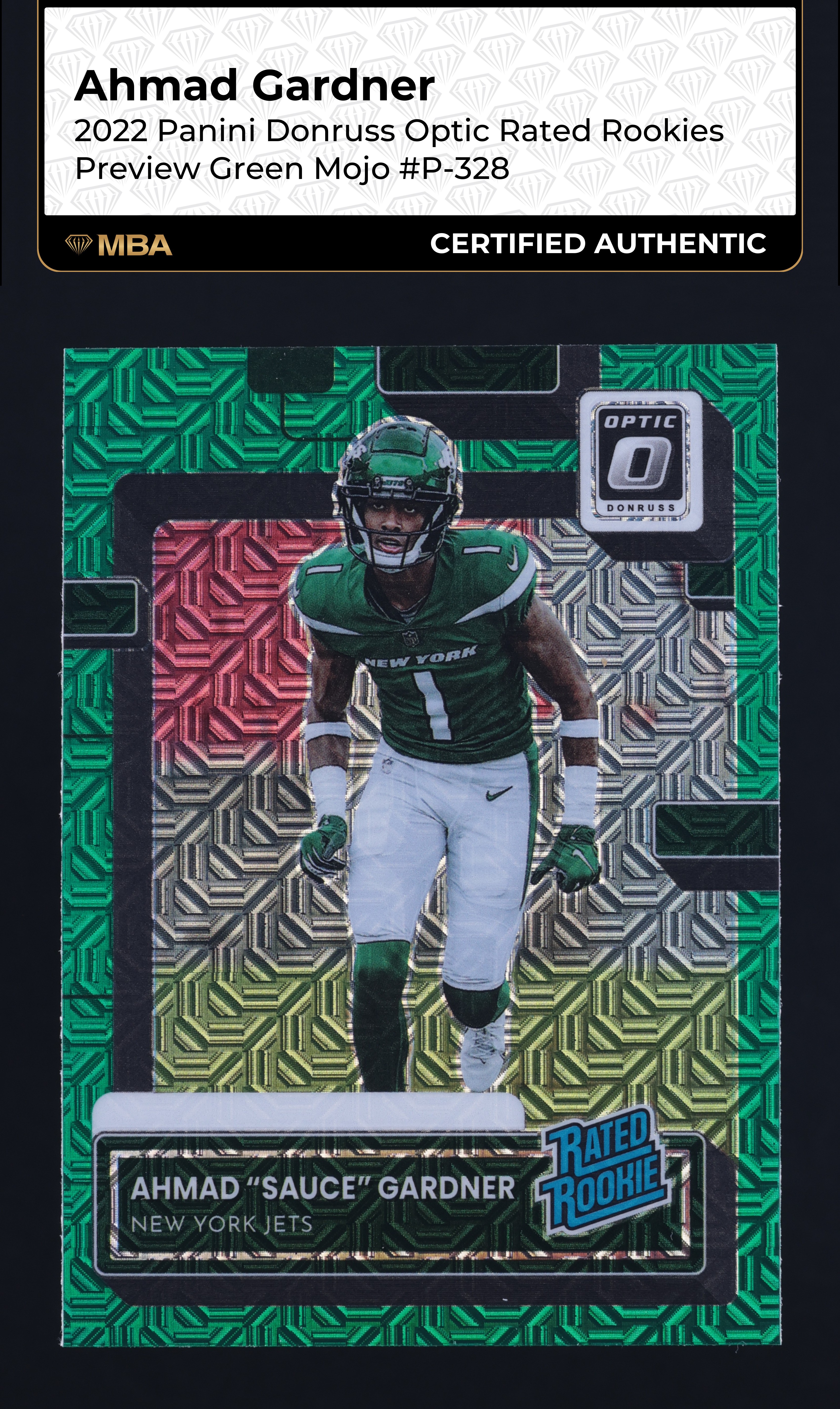2022 Donruss Optic Preview Green Mojo Ahmad Sauce Gardner ROOKIE #P-328 MBA AUTH