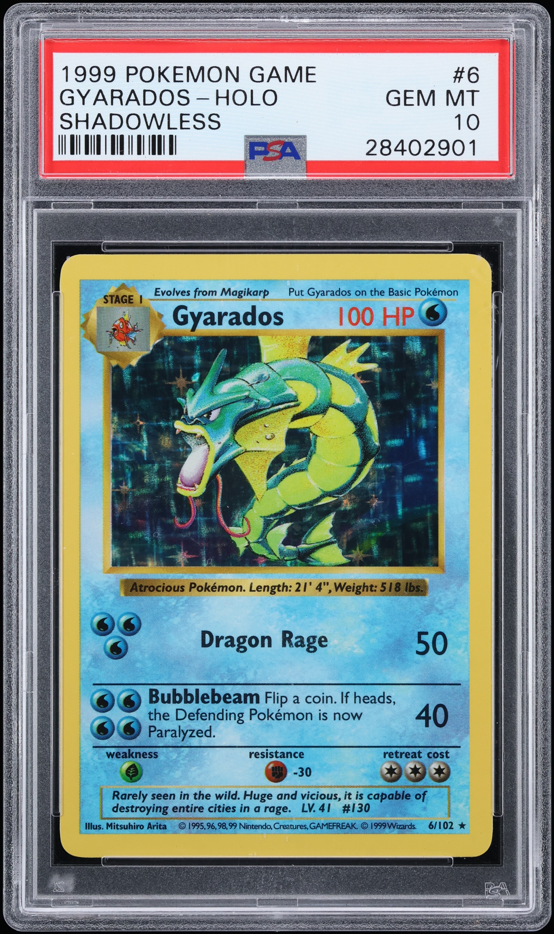 1999 Pokemon Base Set Shadowless Holo Gyarados #6 PSA 10 GEM MINT