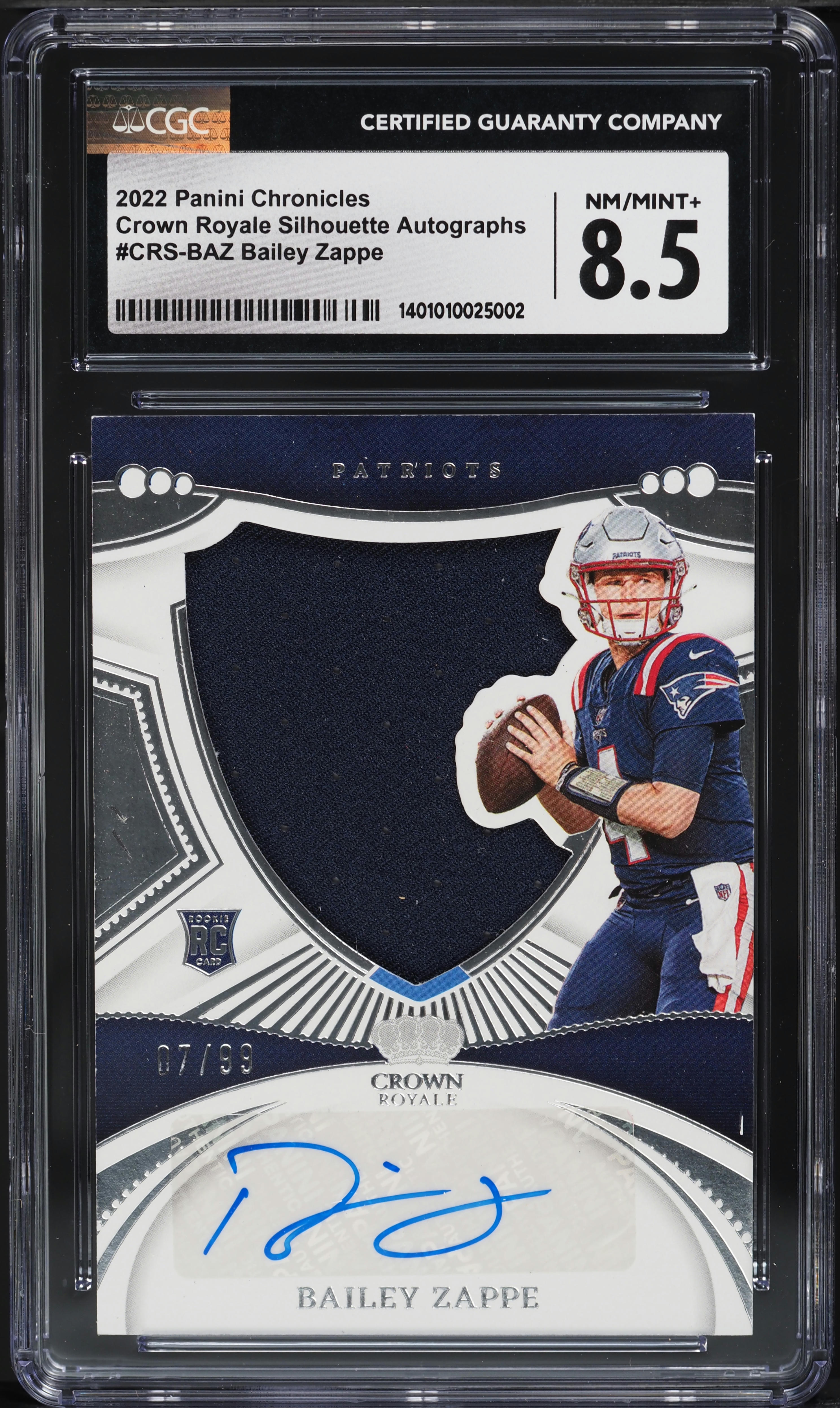 2022 Panini Chronicles Crown Royale Bailey Zappe ROOKIE PATCH AUTO /99 CGC 8.5